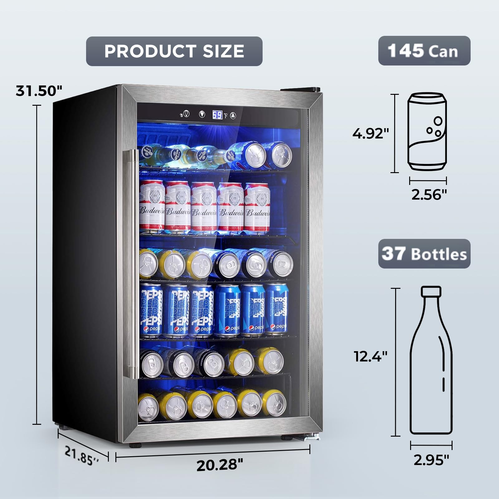 Electactic 50 Cans Beverage Refrigerator Cooler, 1.3 Cu.ft Mini Fridge Countertop Drink Cooler with Glass Door for Beer, Soda,Wine, Adjustable Digital Temperature Control for Home Dorm Bar, Black