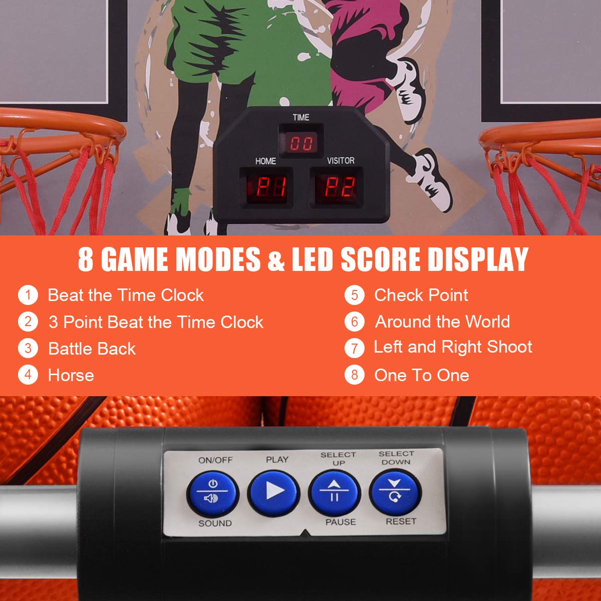 GYMAX Arcade Basketball Game Indoor Foldable with 8 Game Modes, Arcade Sound, 4 Balls and Inflation Pump, Electronic Basketball Games for Home