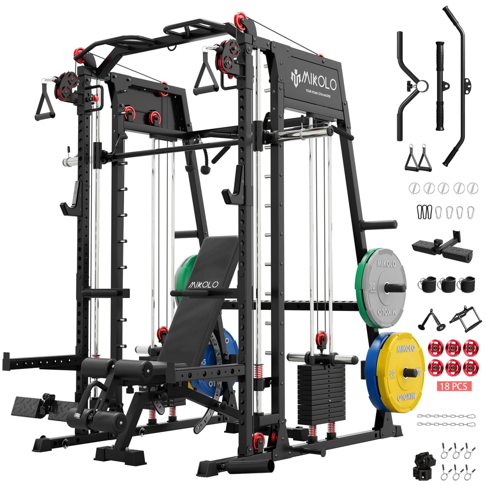 Mikolo M4 2.0 Smith Machine, 2200lbs Squat Rack with LAT-Pull Down System & Cable Crossover Machine, Training Equipment with Leg Hold-Down Attachment