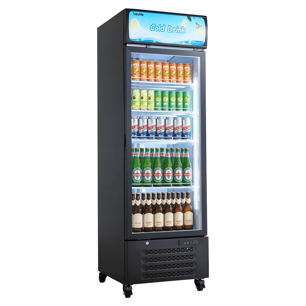 VEVOR Commercial Merchandiser Refrigerator, 6.9 Cu.Ft / 195L Glass Door Display Refrigerator, Upright Beverage Cooler Fridge with 4 Adjustable Shelves, Soft LED Light & Casters for Homes Shops Bars