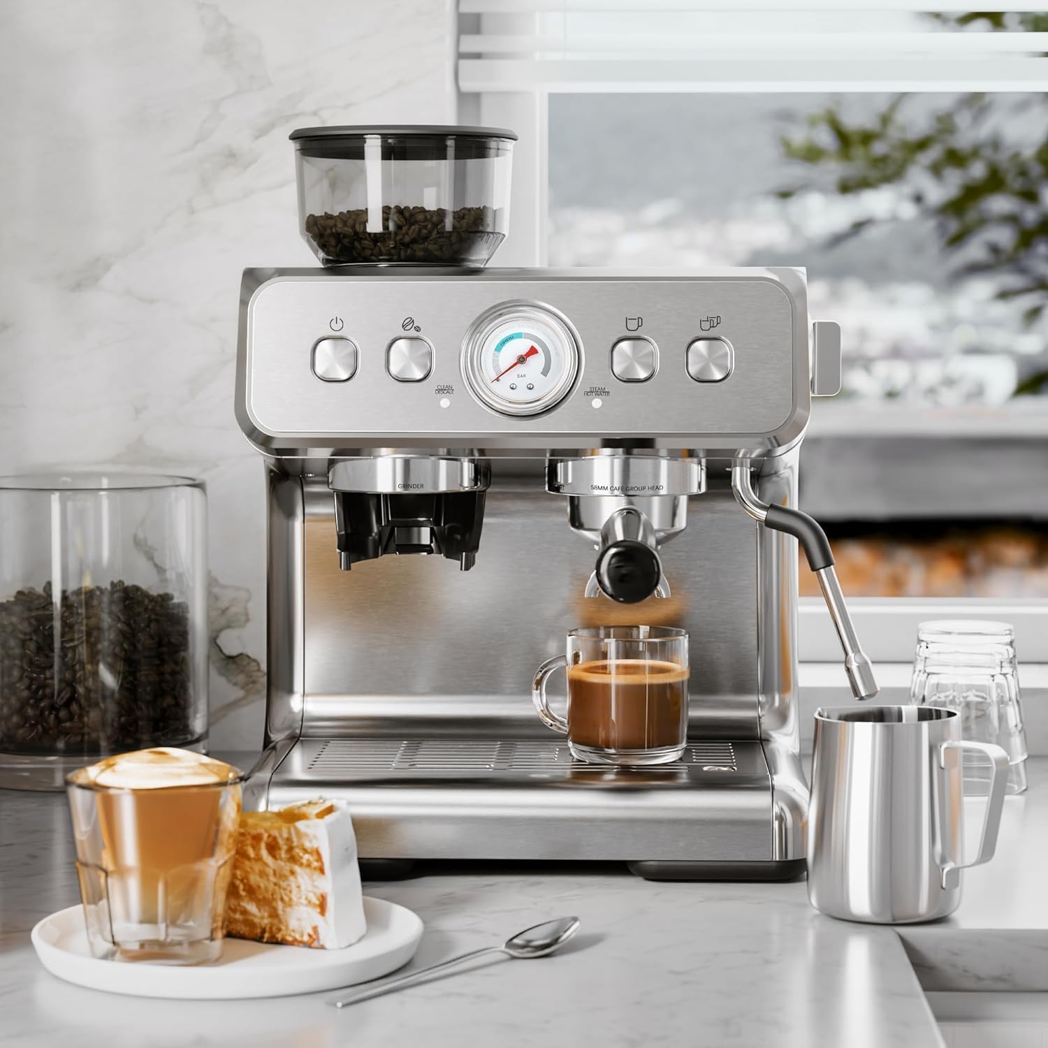 Kismile Espresso Machine with Grinder, 20 Bar Expresso Coffee Machines with Milk Frother, 58mm Expresso Machines for Home, Perfect for Cappuccino & Latte, Brushed Silver
