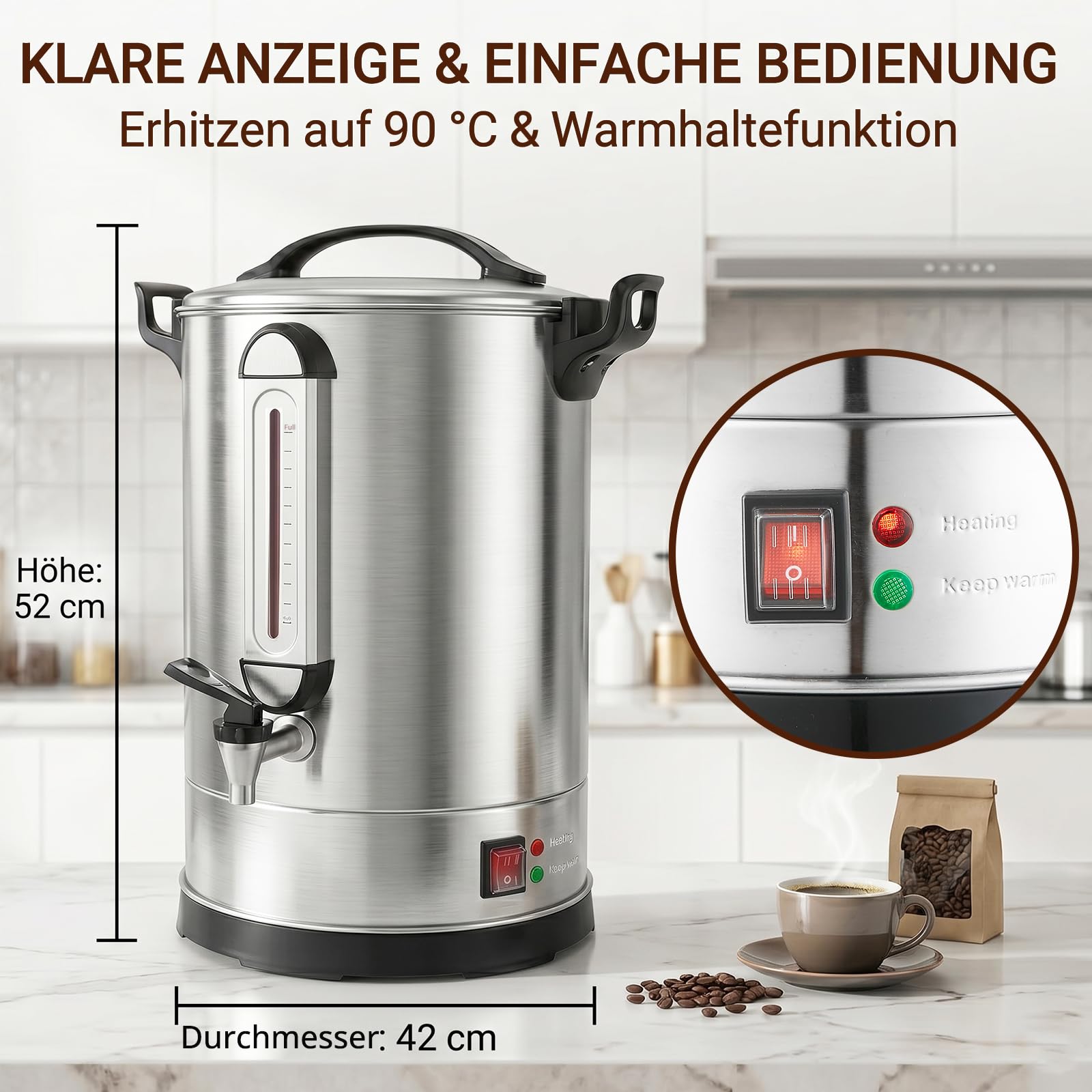 Commercial Coffee Maker 100 Cup Large Coffee Urn 4 Gallon 16L Industrial Coffee Dispenser 1300W Quick Brew Dual Wall Stainless Steel Hot Water Urn & Tea Maker for Catering, Wedding, Church & Events