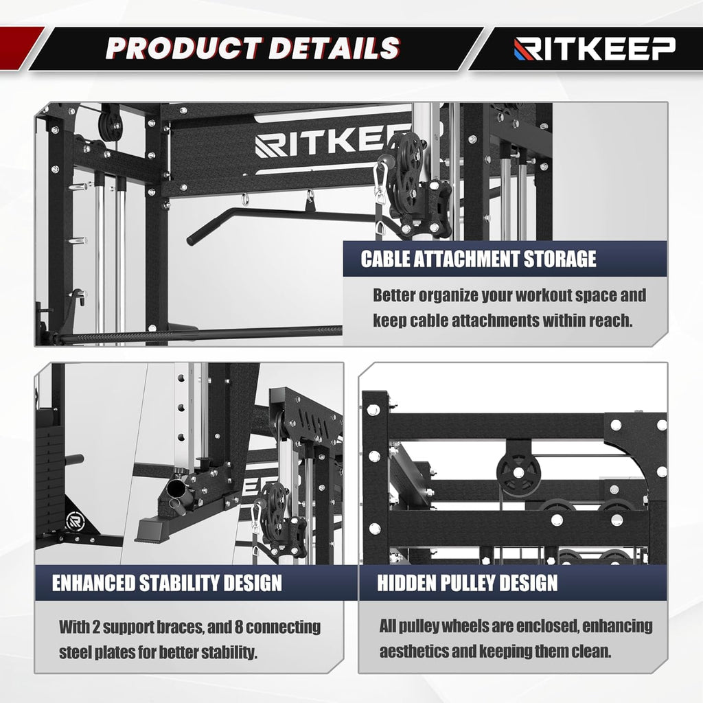 RitKeep PMAX-5600 Pro Heavy-Duty Smith Machine Squat Rack with 320 LB Weight Stacks, 6-in-1 Multi-Function Home Gym System, Dual Cable Crossover and 2000 LB Capacity for Full-Body Strength Training