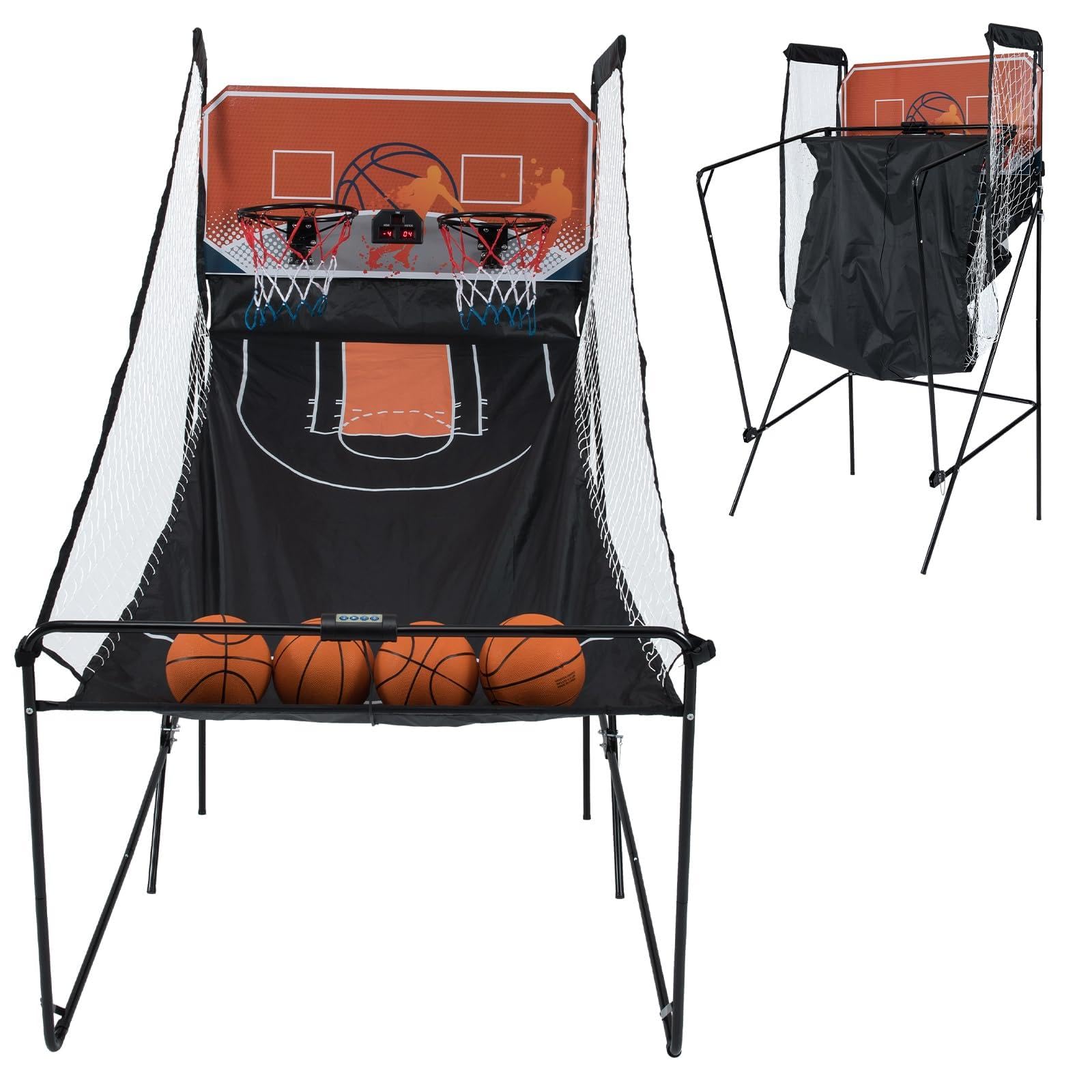 GYMAX Arcade Basketball Game Indoor Foldable with 8 Game Modes, Arcade Sound, 4 Balls and Inflation Pump, Electronic Basketball Games for Home