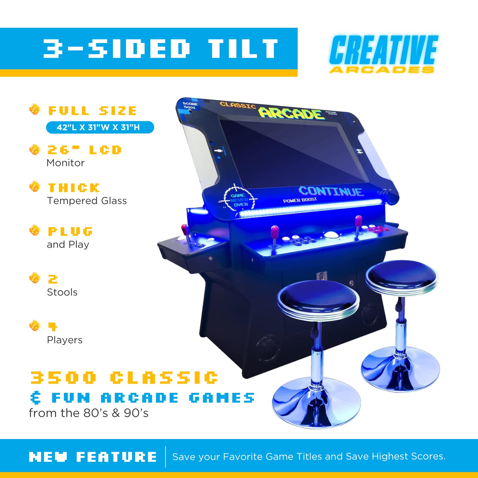 Creative Arcades Full Size Commercial Grade Cocktail Arcade Machine w/Lifting Screen | Trackball | Three-Sided | 4 Sanwa Joysticks | 2 Stools (4500 Games & 32" Screen & Woodgrain Edition)