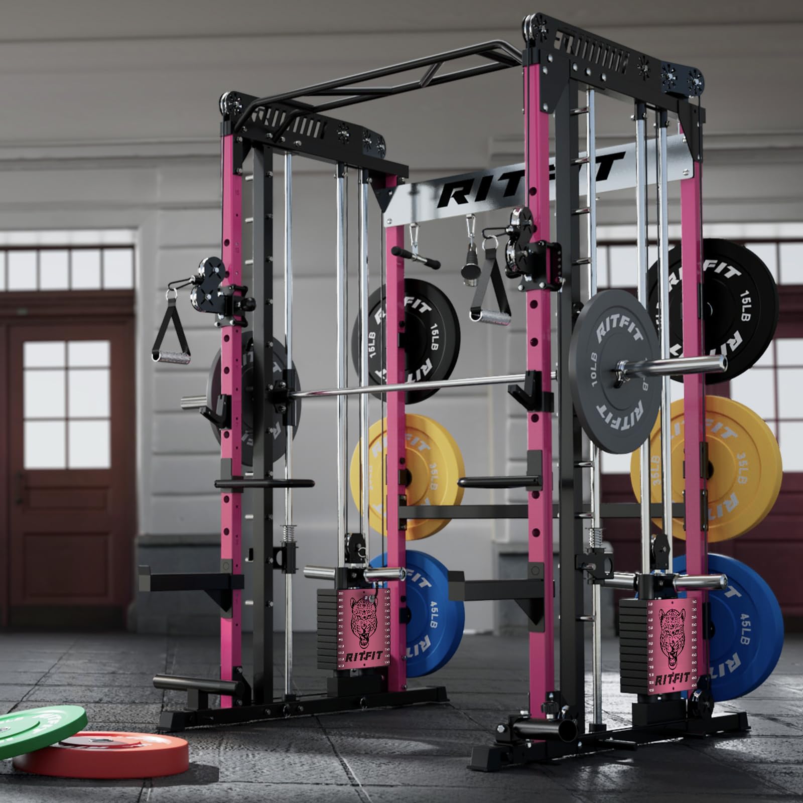 RitFit M1 Pro Smith Machine Package, All-in-One Power Cage with Weight Stack Set, Includes LAT Pulldown & Cable Crossover System for Home Gym