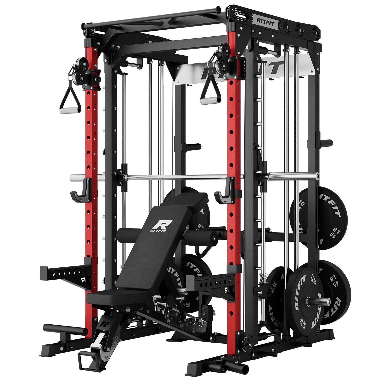 RitFit M2 3D Smith Machine & 286.6LB Built-in Weight Stack with Cable Crossover System, All in One Functional Trainer & Power Cage, 16 Adjustment Holes, 6 Storage Pegs for Full-Body Home Gym