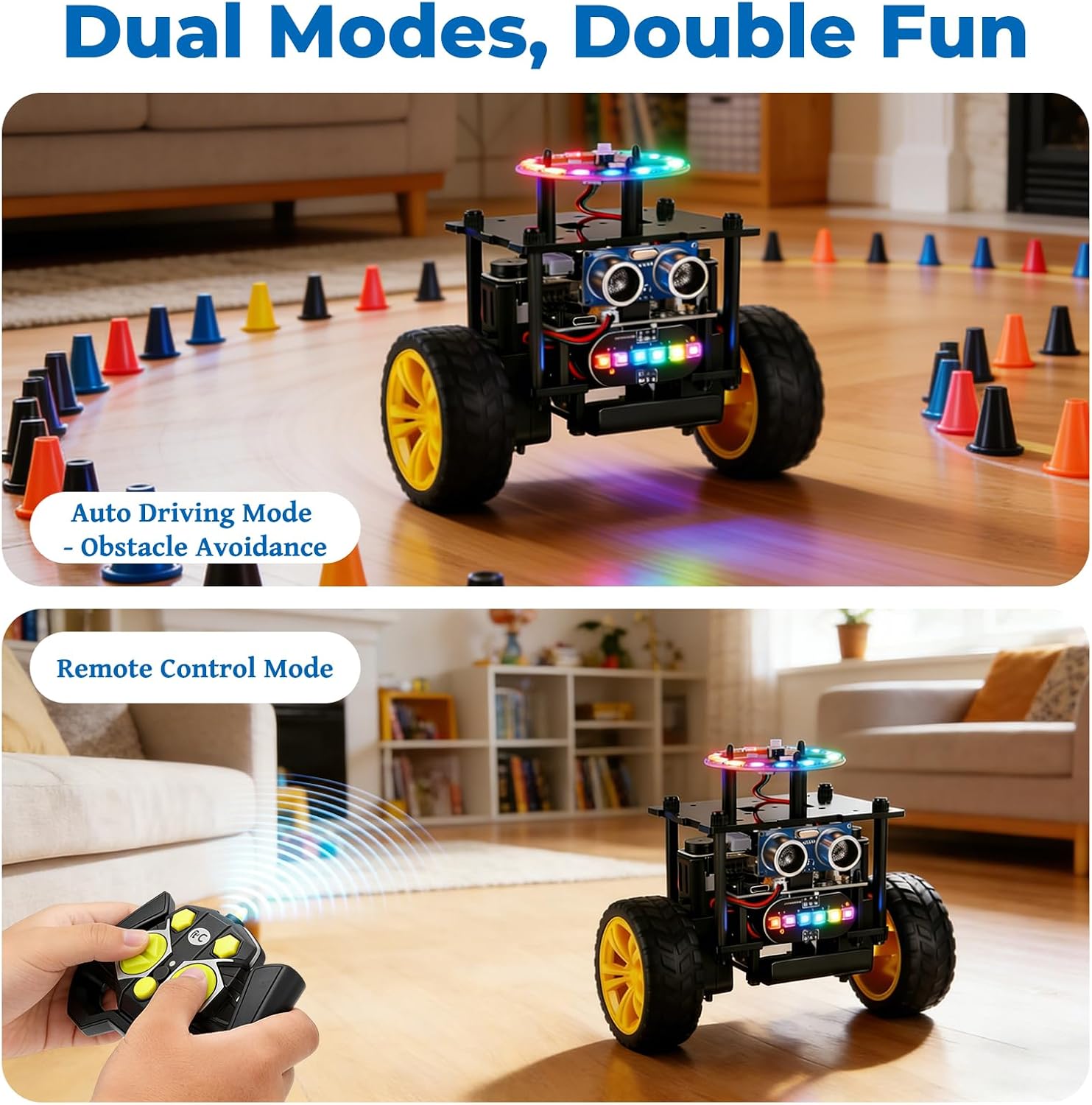 Elfew STEM Robot Car Toys for Kids 8-13, DIY Building Educational Robot Kit, 2WD Self-Balancing RC Car with Ultrasonic Obstacle Avoidance, 360° Rotation, LED Lights, Ideal Gift for Boys Girls