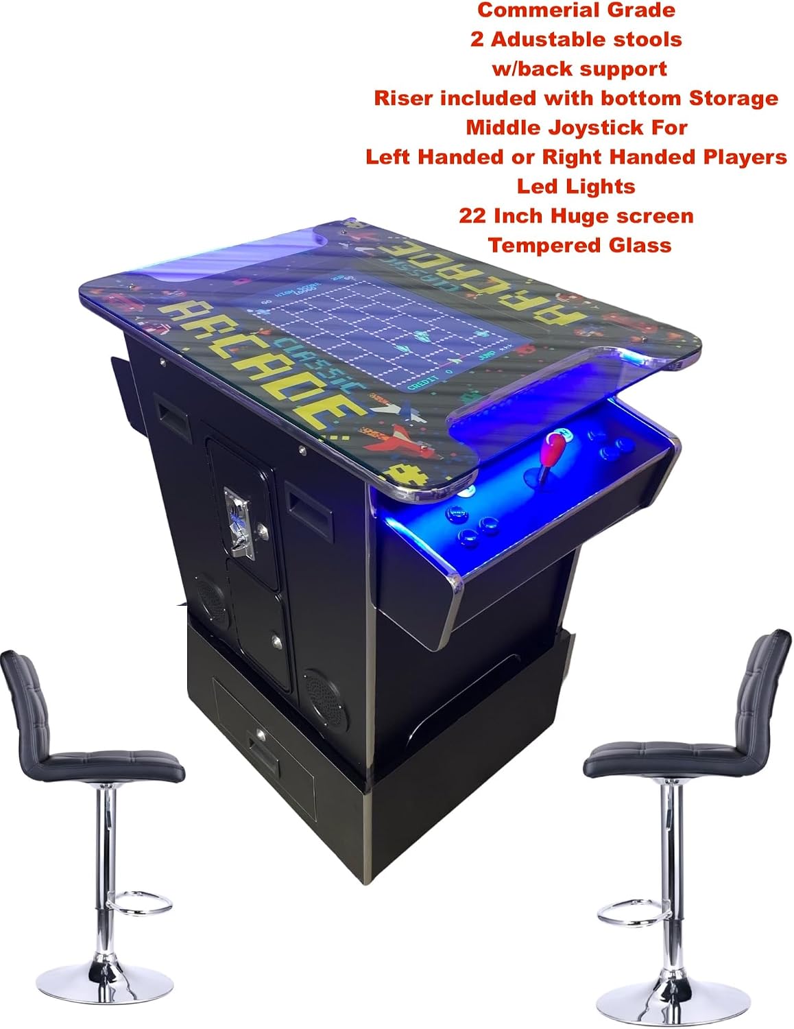 TOP US VIDEO ARCADES Full Size Commercial Grade Riser Combo Cocktail Arcade Machine 2 Player Retro 412 Games 22" LCD Screen Tempered Glass 2 Stools Included 5 Year Warranty Black