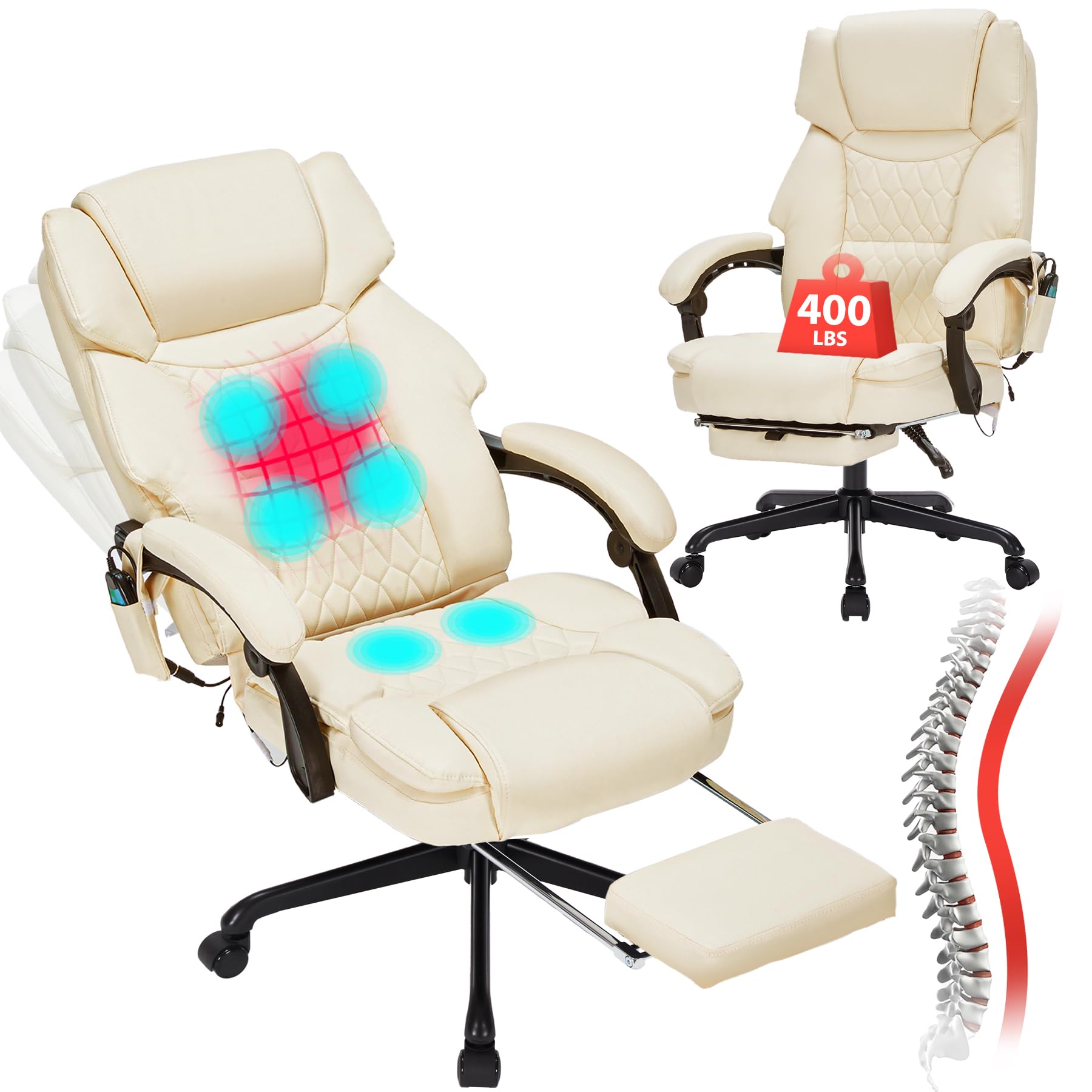 Massage Office Chair with Foot Rest 6 Points Vibration and Heat Home Office Desk Chairs for Heavy People 400lbs Reclining Managerial Chairs Ergonomic Executive Chair (Black)