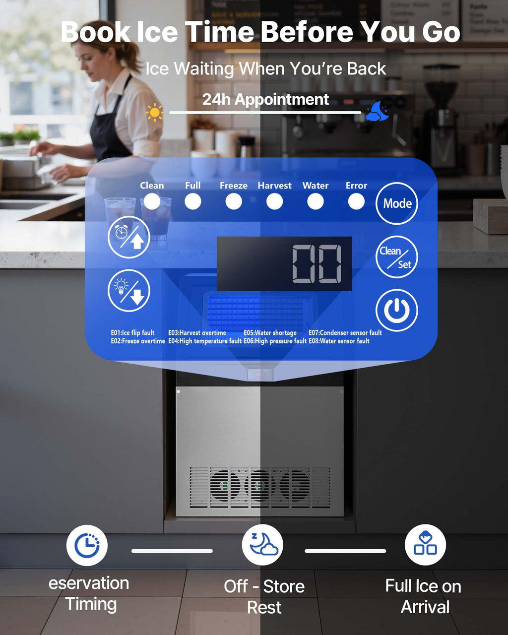 VEVOR Commercial Ice Maker Machine, 100 lbs/24h with 30-35 lbs Storage, Bullet Ice,Built-in/Freestanding/Under Counter, Stainless Steel Ice Maker with LED Display for Home Bar Restaurant