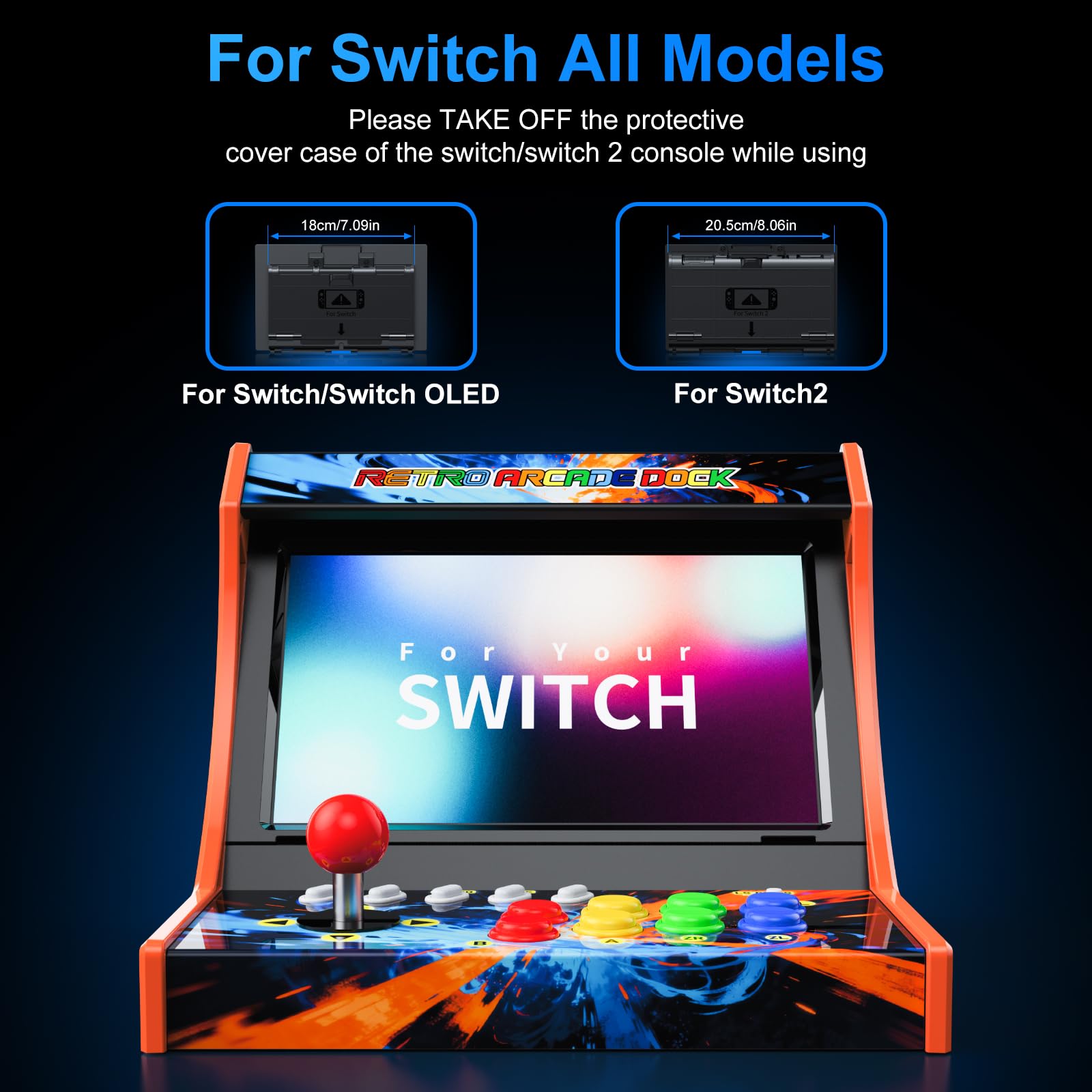 Retro Arcade Machine for Switch/OLED/Switch 2 with Screenshot Icon Button, Orange and Blue (Screen Not Included)