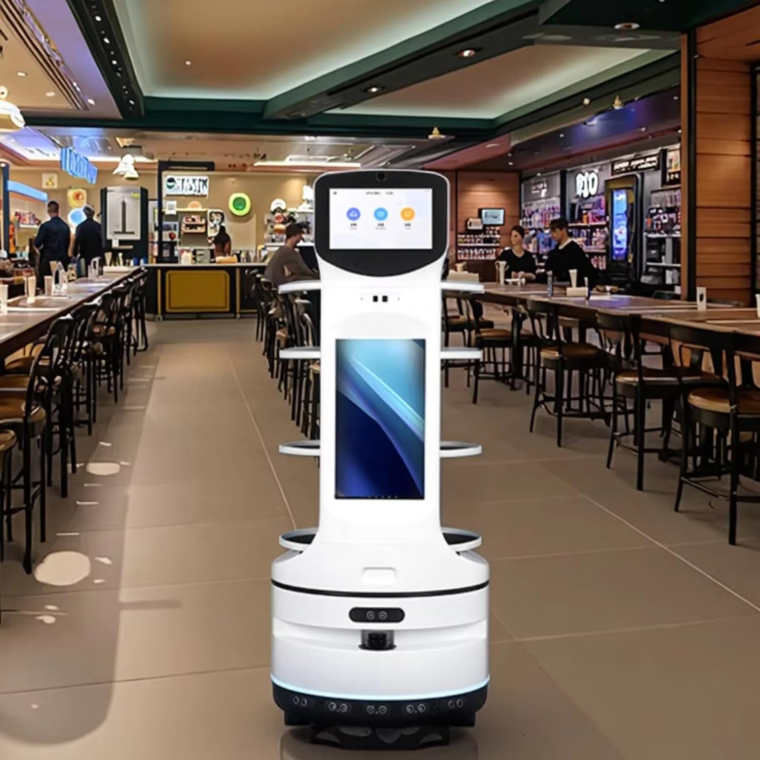 Smart Autonomous Restaurant Robot – Food Delivery, Interactive Waiter, Large Tray Collection, Contactless Commercial Meal Server, Automatic Obstacle Avoidance, Self-Charging Indoor Navigation