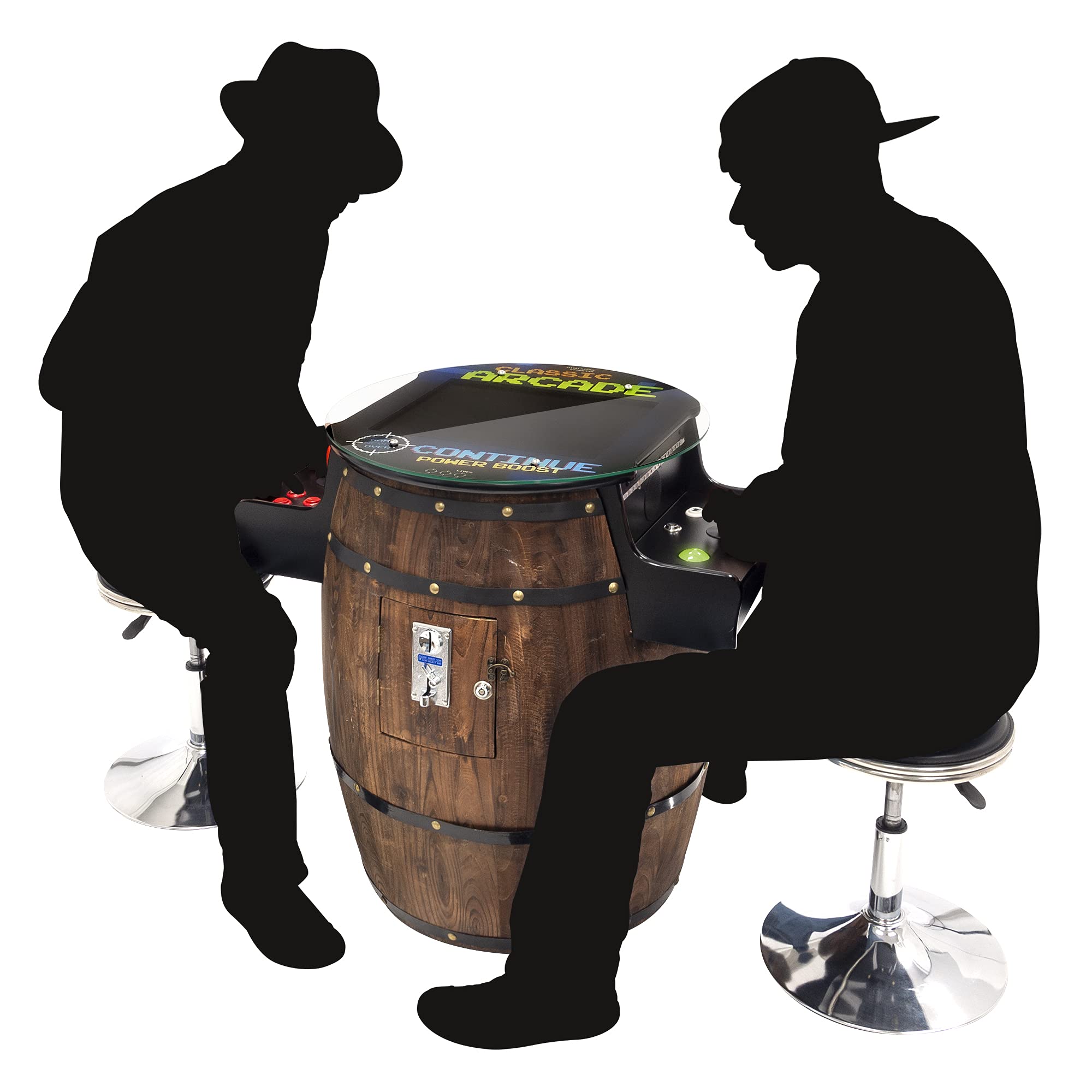 Creative Arcades Full-Size Commercial Grade Wine Barrel Style Pub Arcade Machine | Standard/Medium/Large | Classic Games | 2 Sanwa Joysticks | 2 Stools (Large, 60 Game, 19" Screen, Woodgrain)
