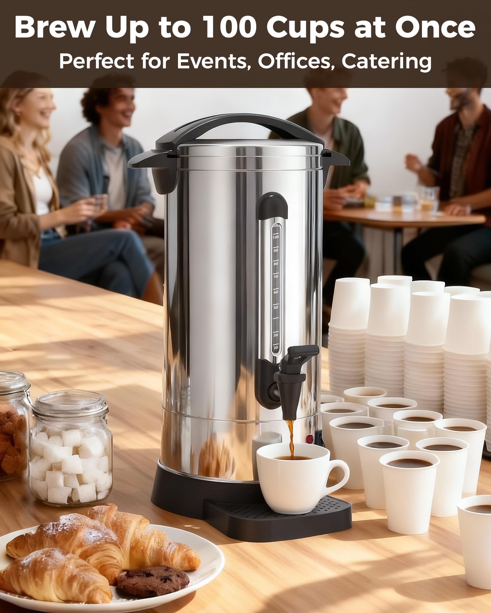 OSTBA 1500W Commercial Coffee Urn 100 Cup / 15L Large Percolator Coffee Pot, Double-Wall 304 Stainless Steel Hot Water Dispenser, Fast Brewing Electric Coffee Maker for Catering, Parties, Offices