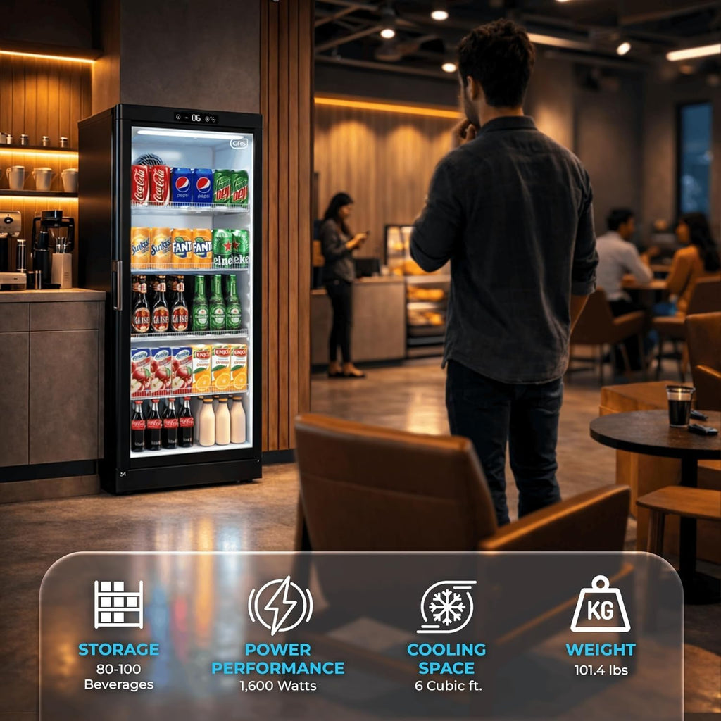 GRS Commercial Display Refrigerator with Glass Door Lock | Cool Air Flow & Temperature | Beverage fridge, Drink and Wine Cooler with Adjustable Display Shelf for Stores and Bars | Black, 7.1 Cu. Ft