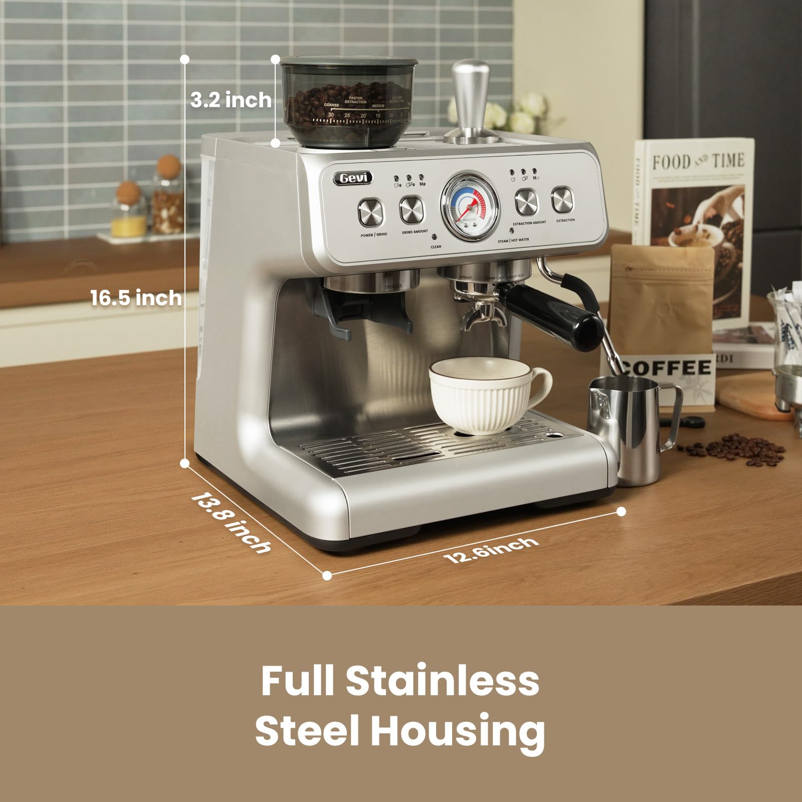Gevi 20 Bar Espresso Machine with Built-in Grinder & Milk Frother | Professional Coffee Maker for Home | Cappuccino, Latte, 2.3L Removable Water Tank, Stainless Steel Steam Wand