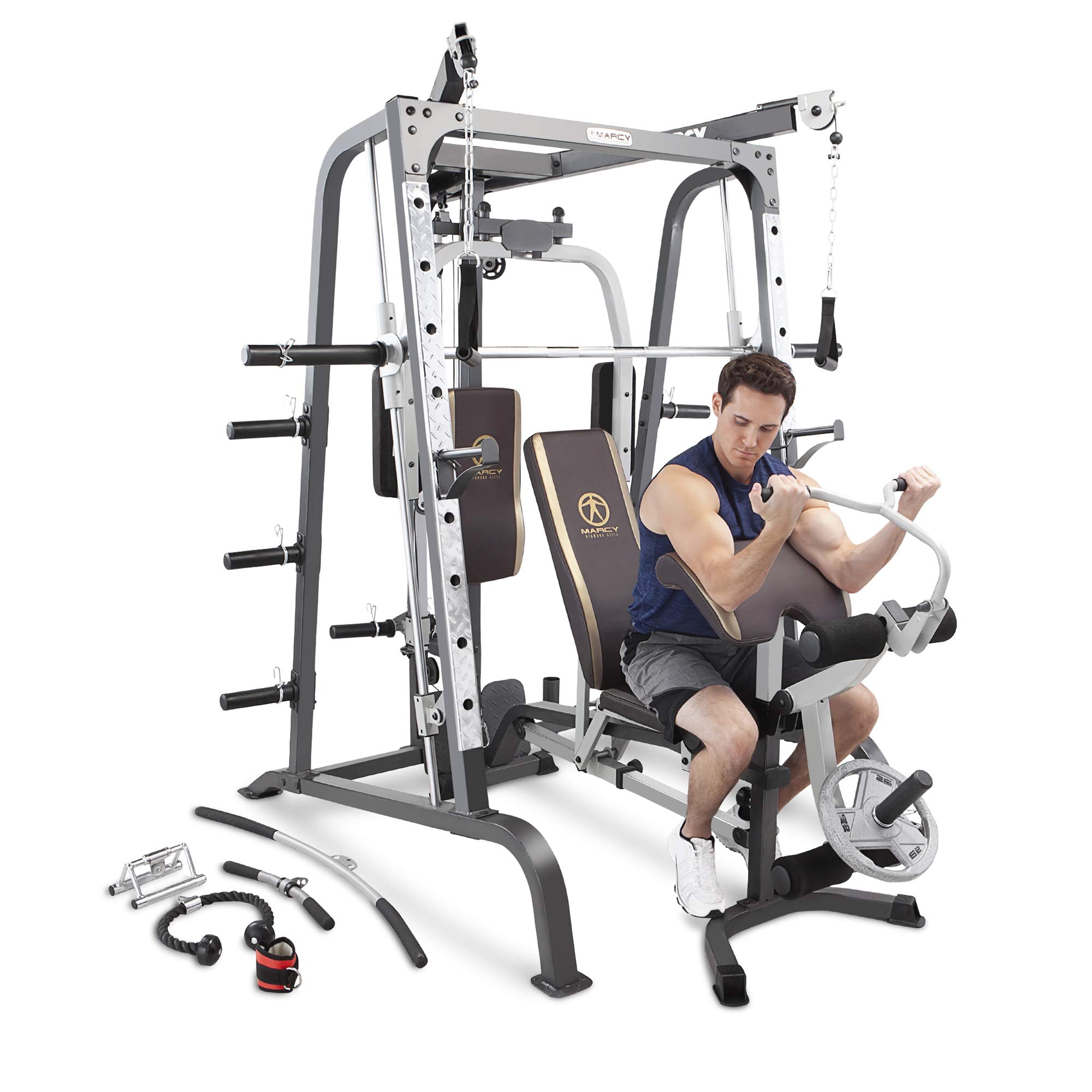 Marcy Smith Cage Workout Machine Full Body StrengthTraining Home Gym Equipment System with Leg Developer, Press Bar, PEC Deck, and Squat Rack