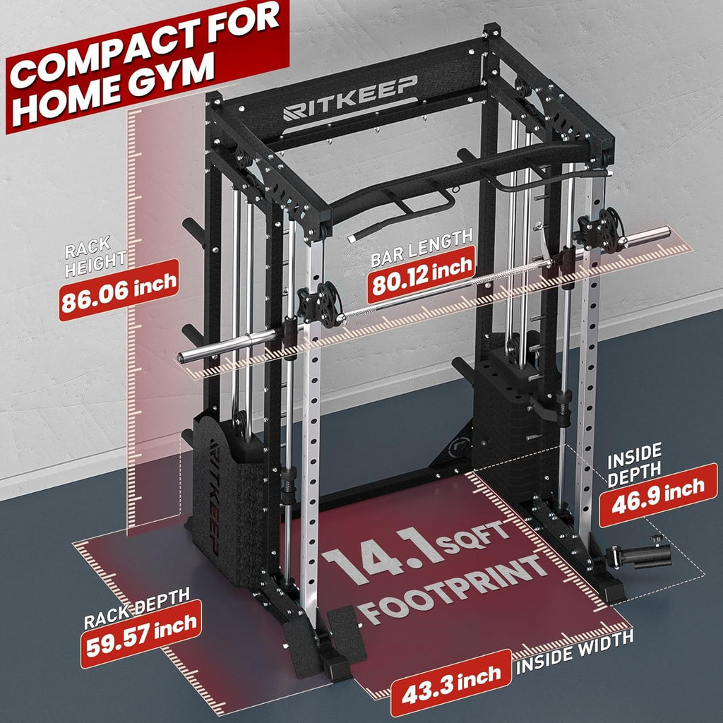 RitKeep PMAX-5600 Pro Heavy-Duty Smith Machine Squat Rack with 320 LB Weight Stacks, 6-in-1 Multi-Function Home Gym System, Dual Cable Crossover and 2000 LB Capacity for Full-Body Strength Training