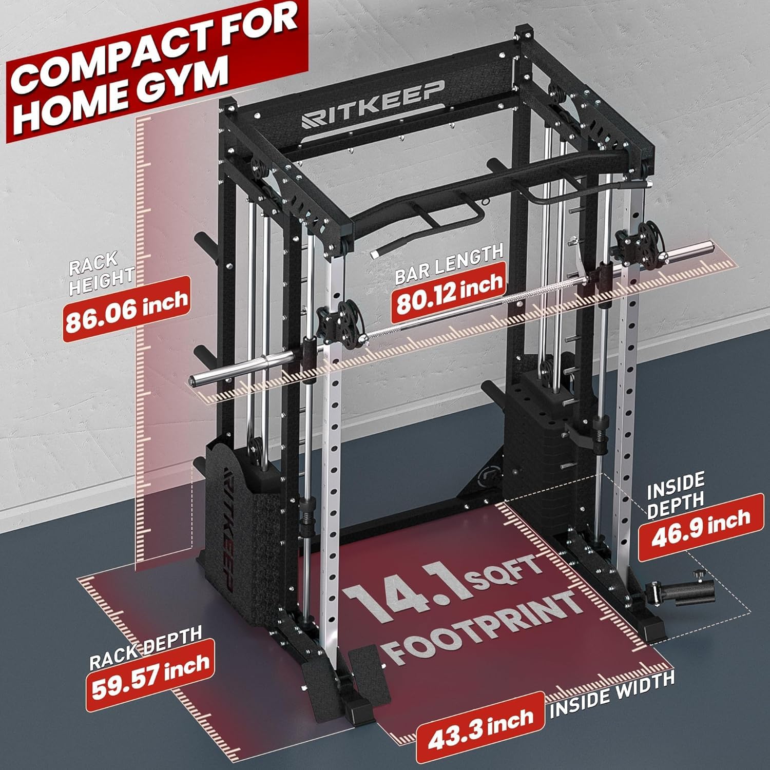 RitKeep PMAX-5600 Pro Heavy-Duty Smith Machine Squat Rack with 320 LB Weight Stacks, 6-in-1 Multi-Function Home Gym System, Dual Cable Crossover and 2000 LB Capacity for Full-Body Strength Training