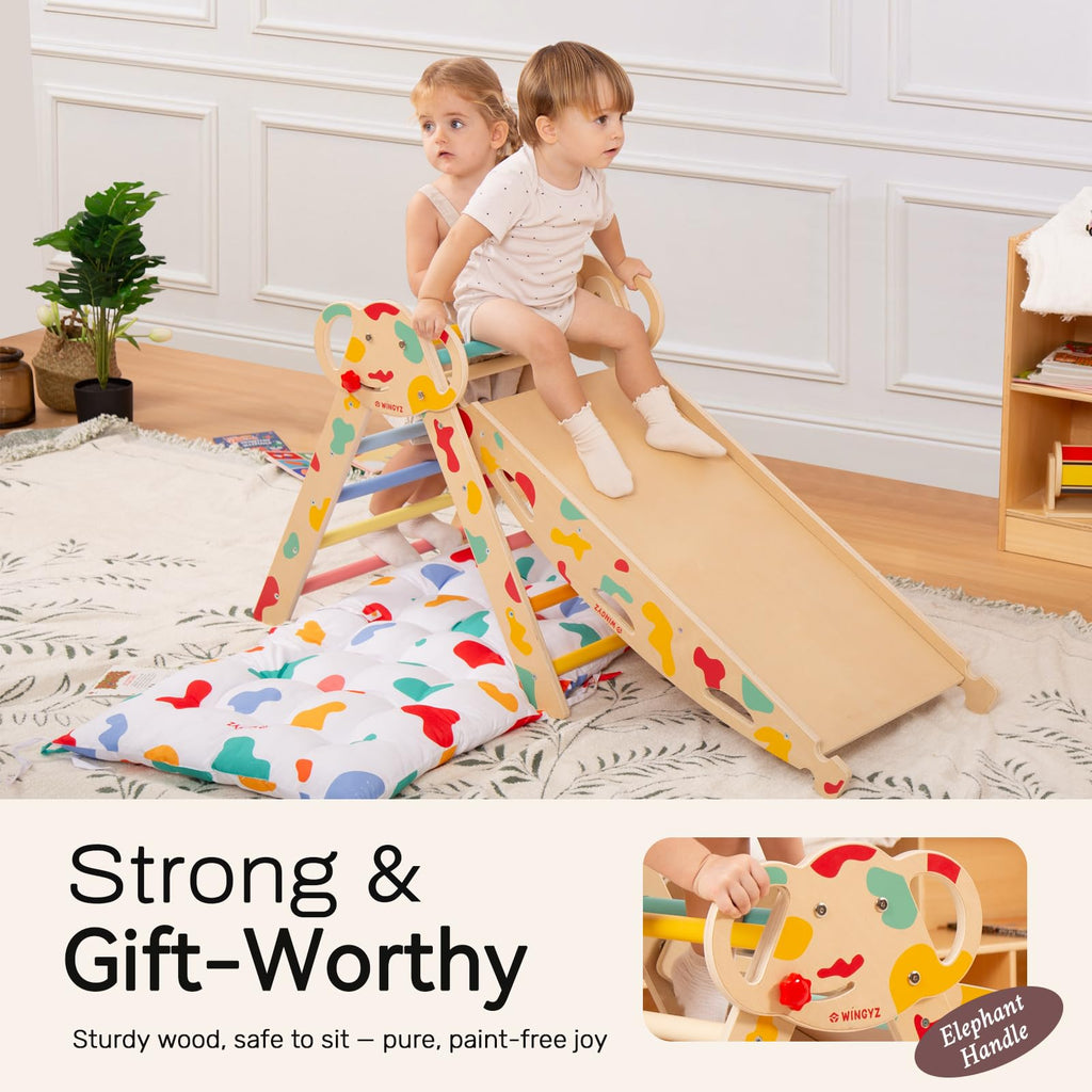 WINGYZ Pikler Triangle Set, Montessori Foldable 8-in-1 Jungle Gym & Reversible Animal Slide, Patent-Protected Climbing Set, Safe 2.35" Gap ASTM F963 Standards for Toddlers 18 Months-5 Years (Rainbow)