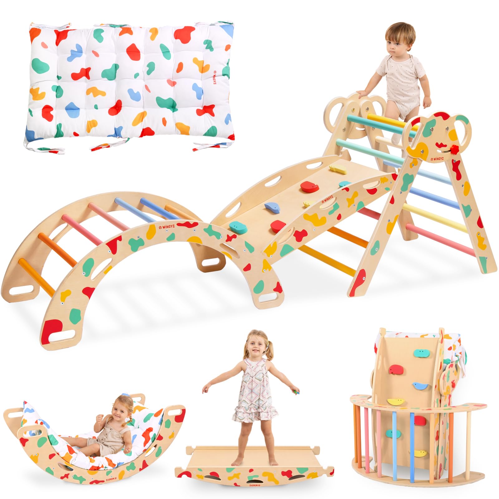 WINGYZ Pikler Triangle Set, Montessori Foldable 8-in-1 Jungle Gym & Reversible Animal Slide, Patent-Protected Climbing Set, Safe 2.35" Gap ASTM F963 Standards for Toddlers 18 Months-5 Years (Rainbow)