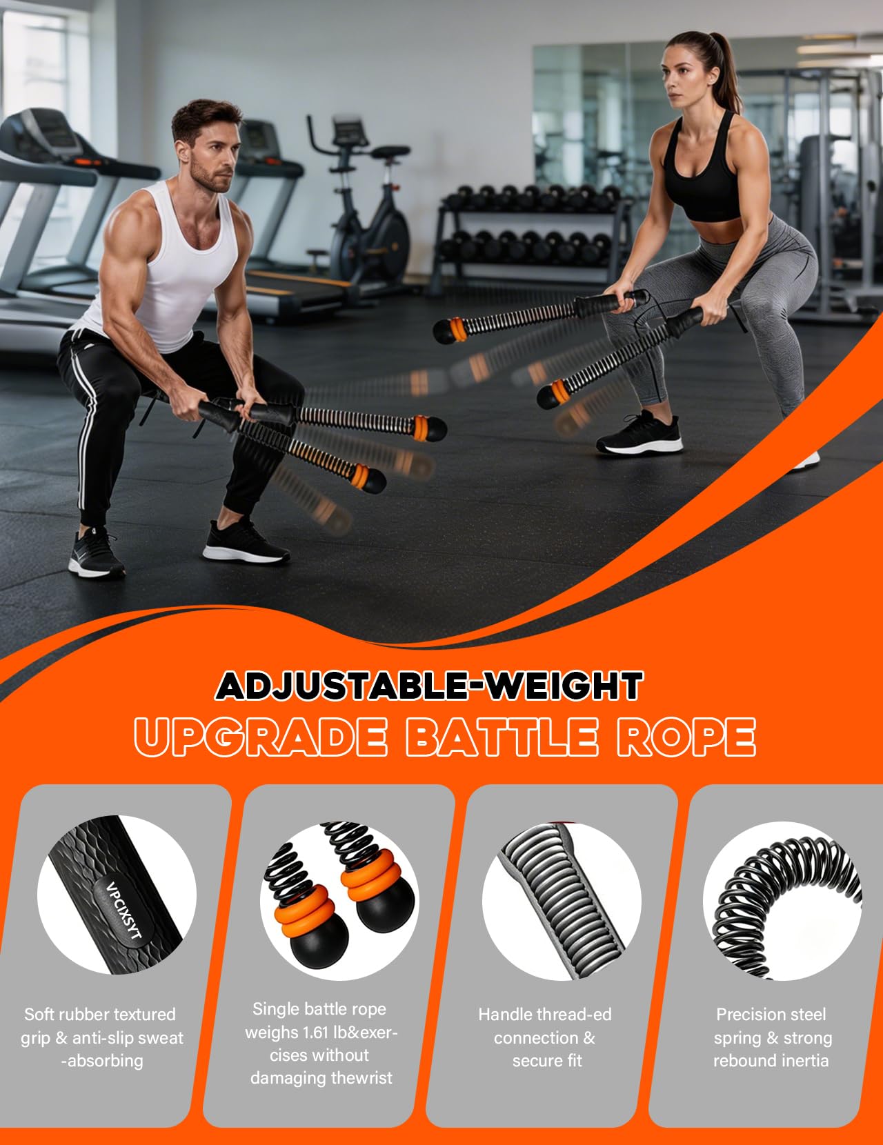 Cordless Battle Ropes 2 Pack Adjustable Weight Portable Ropeless Battle Ropes for Home Gym Full Body Workout with Non Slip Handle and Training Poster for HIIT Cardio Strength Training Men Women,Black