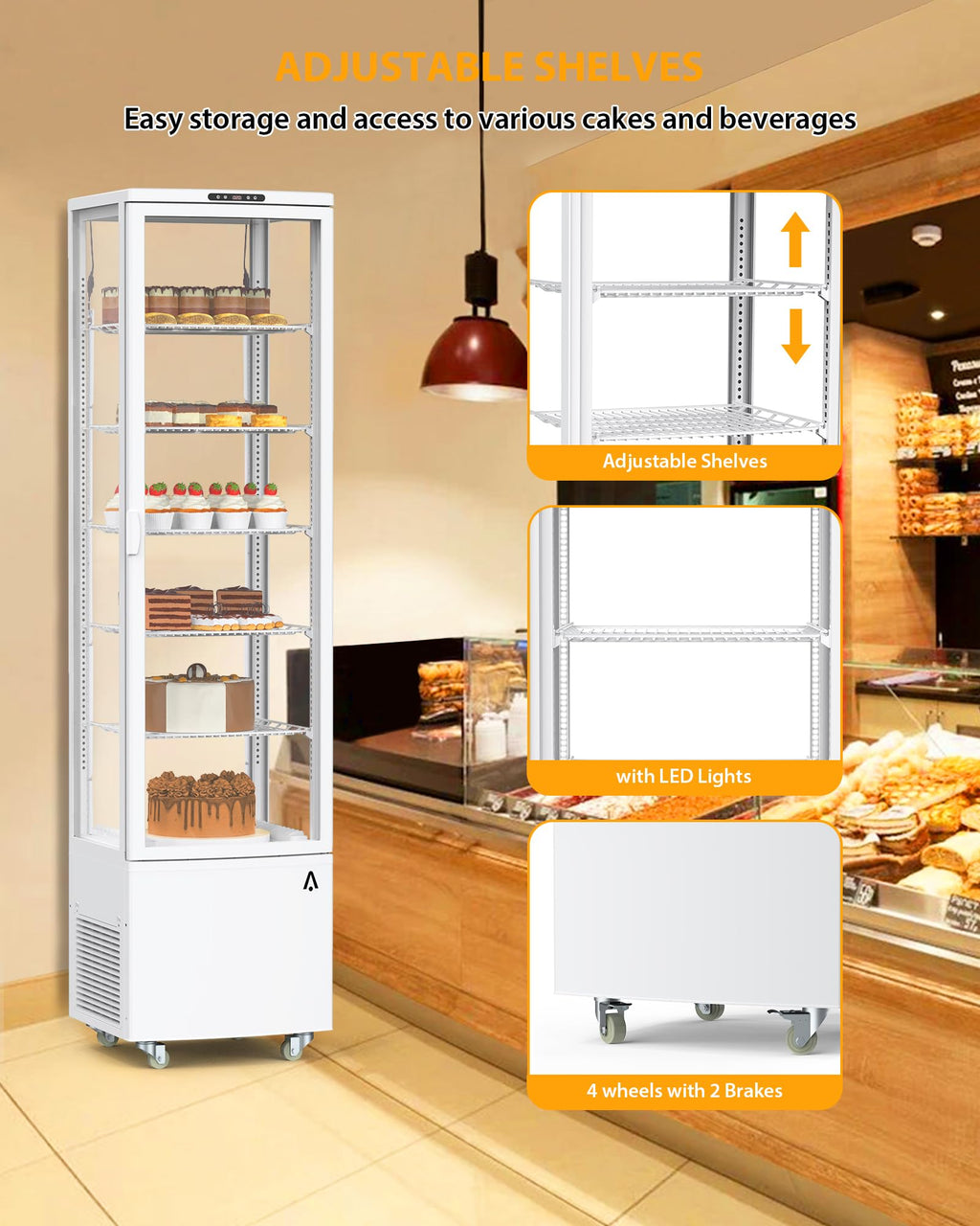 Commercial Display Refrigerator, 3.5 cu. ft./98 Liter Countertop Refrigerated Cake Display Cabinet, Refrigerator with Adjustable Shelves and Digital Controls, LED Display, For Cafes, Bakeries, White