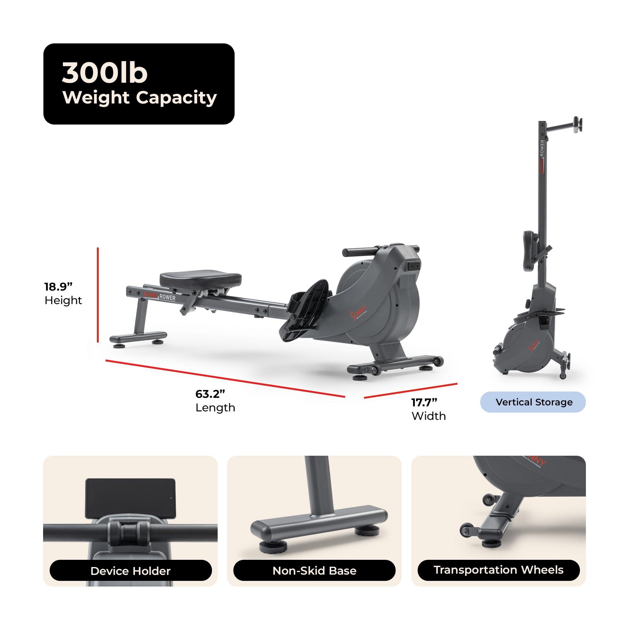 Sunny Health & Fitness Smart Magnetic Rower, Compact Quiet & Smooth Rowing Machine for Full-Body Cardio Exercise, Free SunnyFit Training App Connection