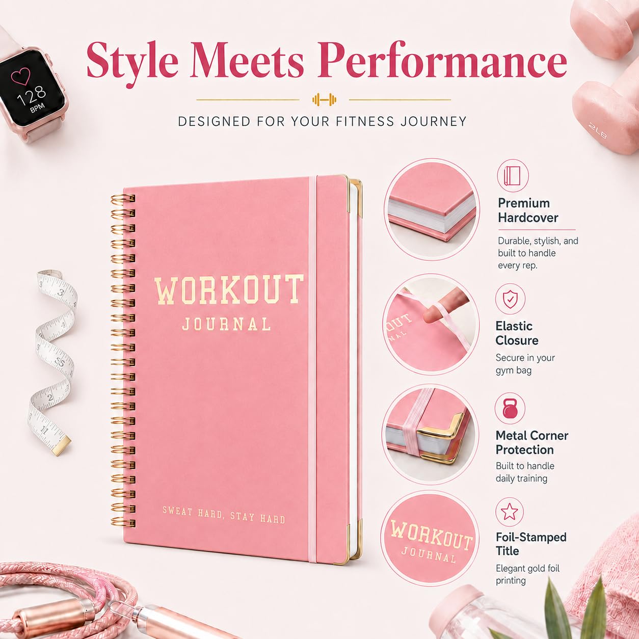 Workout Journal Fitness Tracker Planner for Men & Women, Exercise Log Book to Track Gym & Home Training, Goals, Sets, Reps & Progress, 142 Pages, A5 5.7" x 8.2" Portable Hardcover with Metal Corners, Green