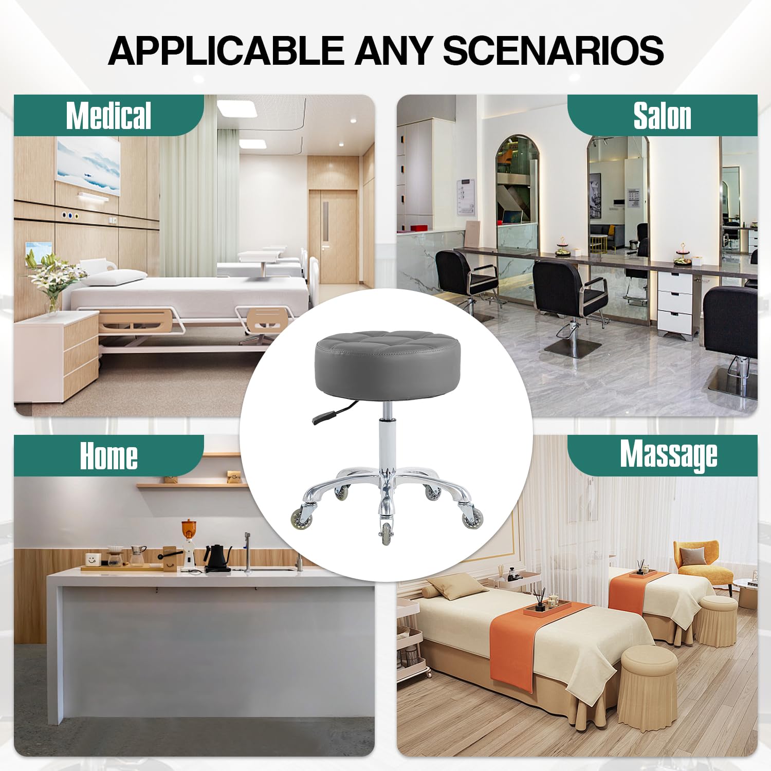Ainilaily Rolling Stool with Wheels Adjustable Height, Roller Stool for Massage Medical Tattoo Spa Heavy Duty Swivel Desk (Super Thick Cushion, Black)