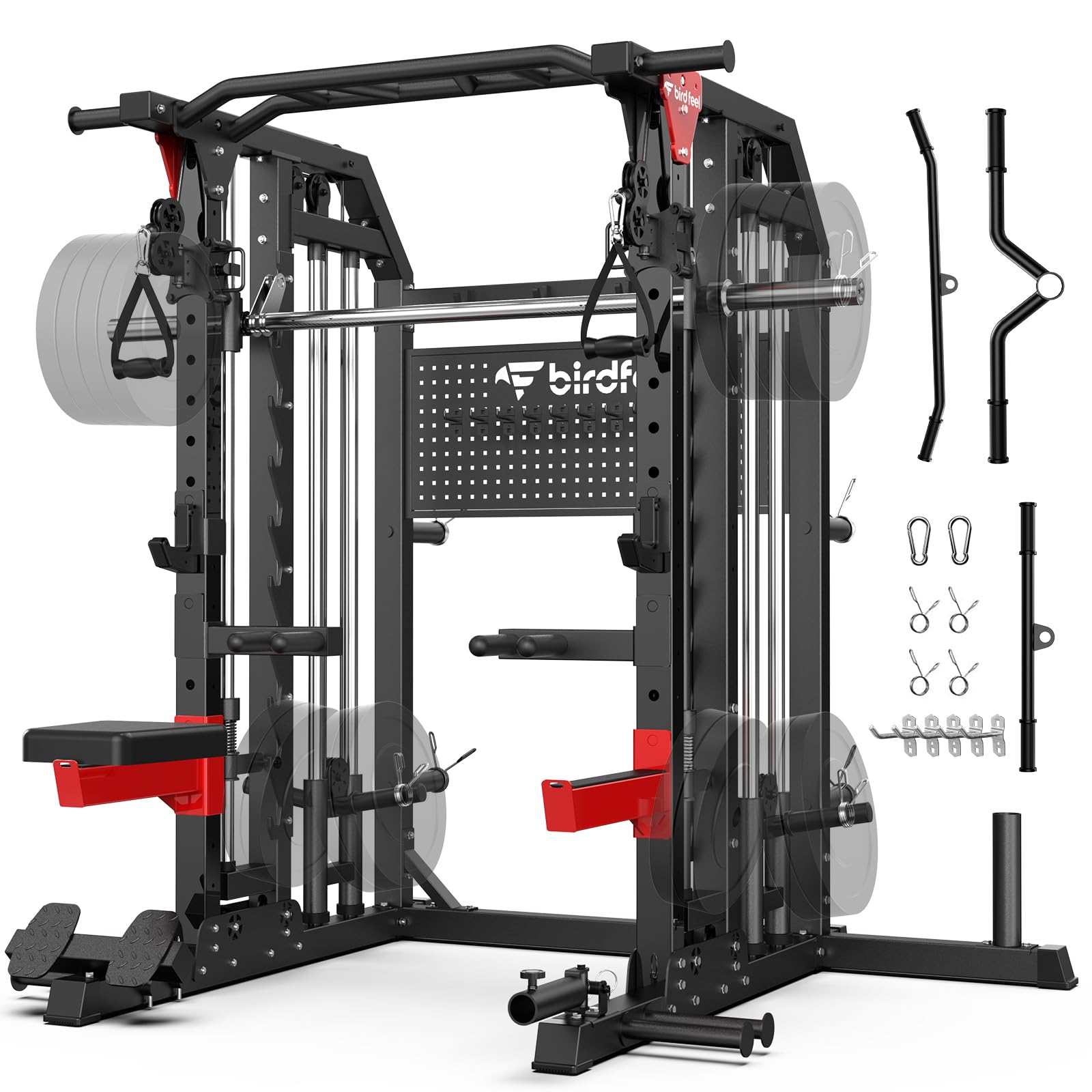 Multi-Function 2000LB Smith Machine Power Cage, Home Gym Squat Rack Featuring LAT Pulldown, Dual Pulley Cable Crossover, Gym-Quality Power Rack with Strength Training Attachments, Pegboard