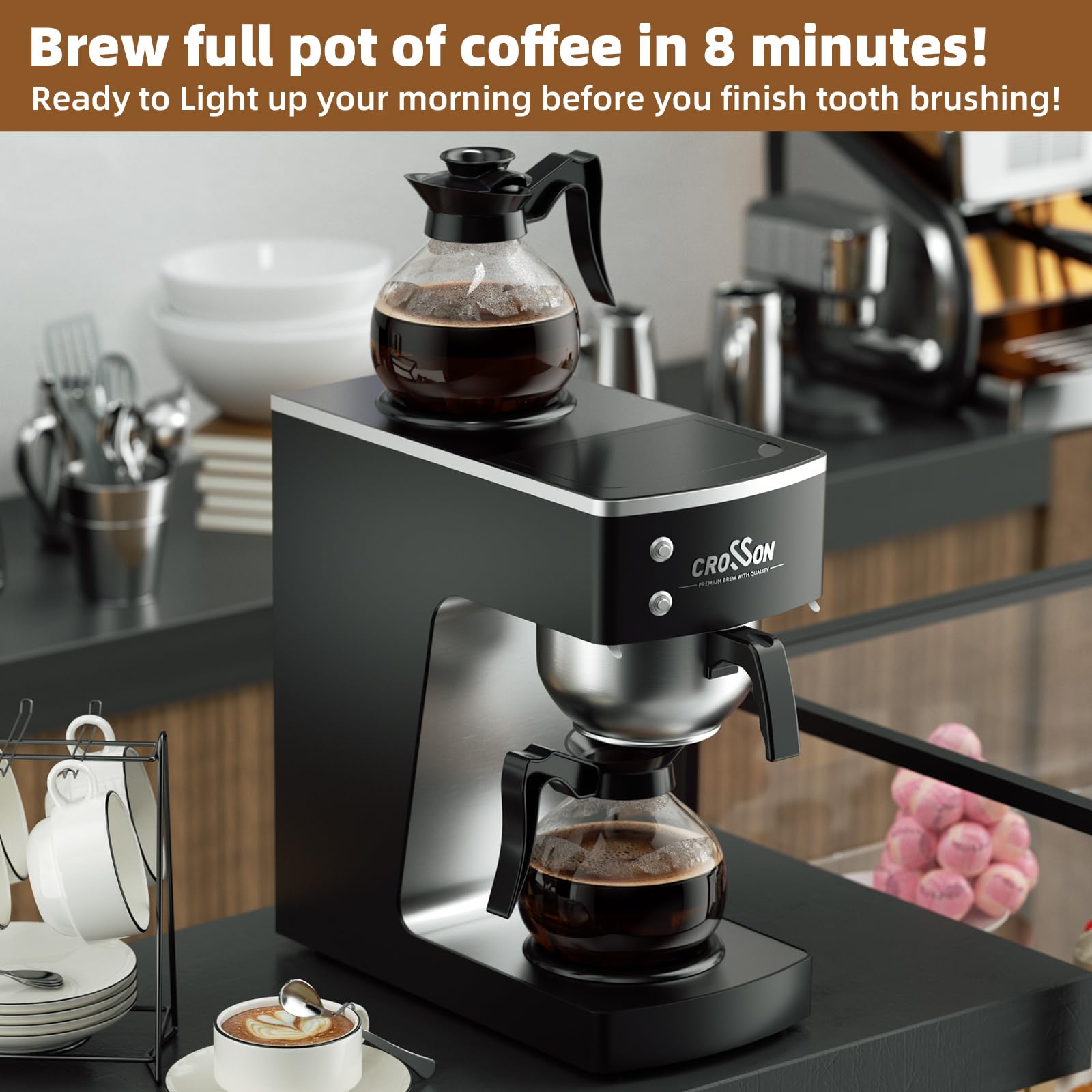crosson 200 Cup/hour Commercial Drip Coffee Maker, 7.2L Pour Over Coffee Brewer with 4 Glass Decanter&Warmers and Easy Clean Fingerprint Free Housing and 304 Stainless Steel Funnel,
