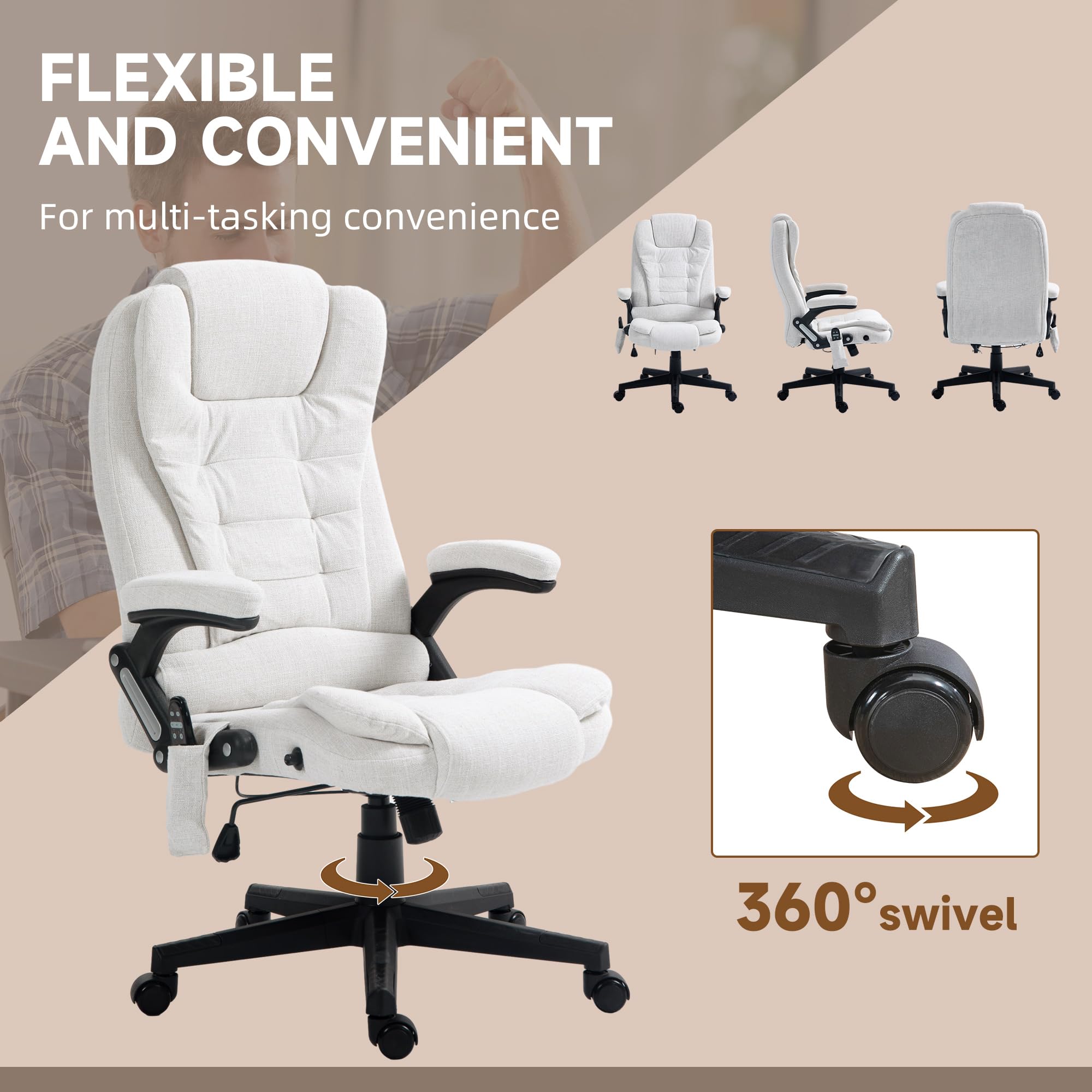 Vinsetto 6 Point Vibrating Massage Office Chair with Heat, Linen High Back Executive Office Chair with Reclining Backrest, Padded Armrests and Remote, Black