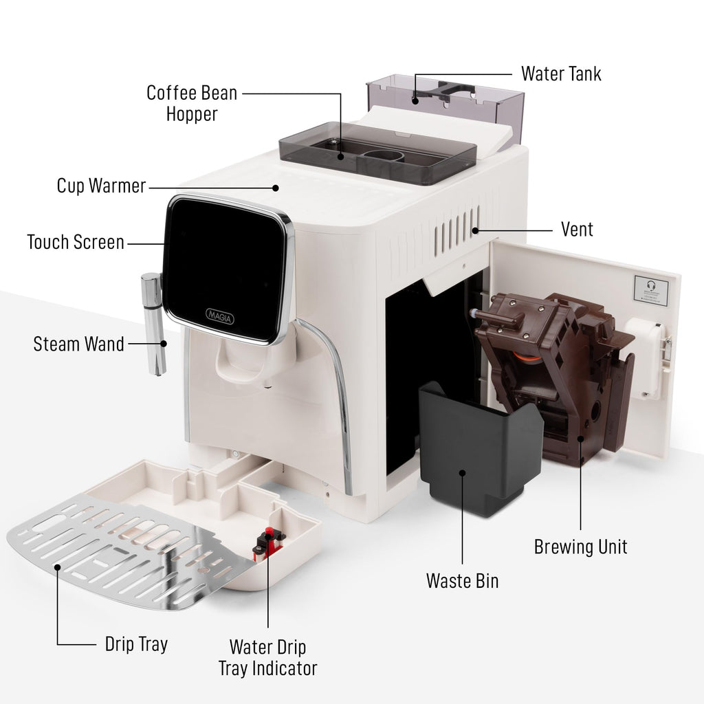 Zulay Magia Super Automatic Espresso Maker Machine with Grinder - 19 Fully Customizable Coffee Options, Auto Cleaning, Milk Foam System - for Latte, Cappuccino - Ultra LUX - White (13.7x17.7x9.4)