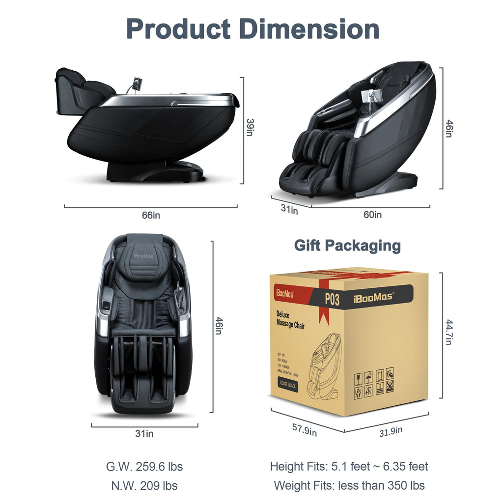 iBooMas True 4D Massage Chair, Deep Tissue Full Body Massage Chair with Adjustable 4D Pressure, AI Body Scan, 55" SL Track, Zero Gravity Recliner, Powered Leg Extension, 3-Level Heat, Black