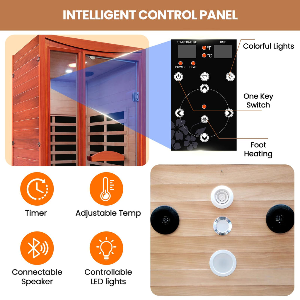 2 Person Infrared Sauna Far Infrared Sauna Room for Home Indoor 2000W Low-EMF Wood Dry Sauna with Full Starry Sky Lights Ceiling in 7 Color Speaker Fast Heating Easy Assembly- 47.3*41.3*74.8 IN