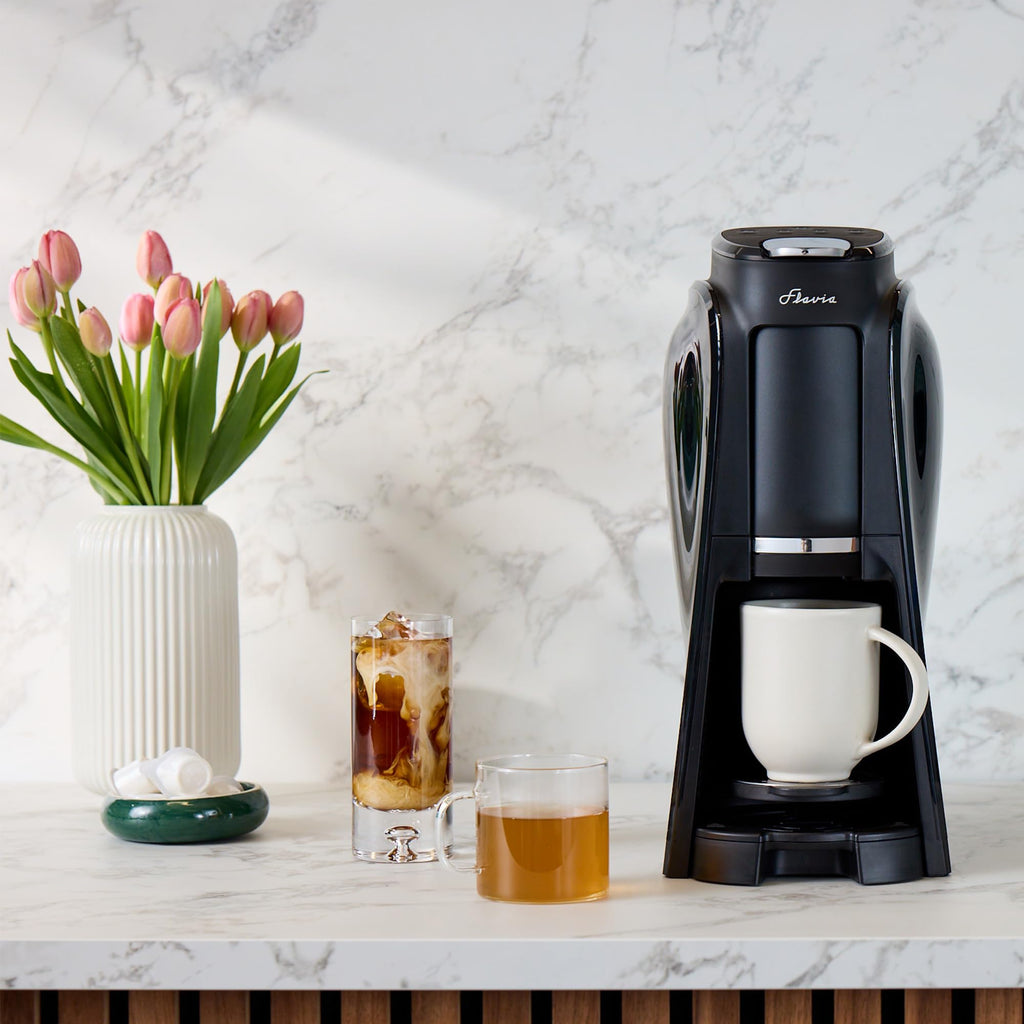 Flavia Aroma Brewer Bundle with 84 Freshpacks and 1 Merchandiser - Coffee Machine, Makes Coffee, Lattes, Tea, and other Hot or Iced Beverages, Multiple Brew Sizes, Black, Works ONLY with Freshpacks