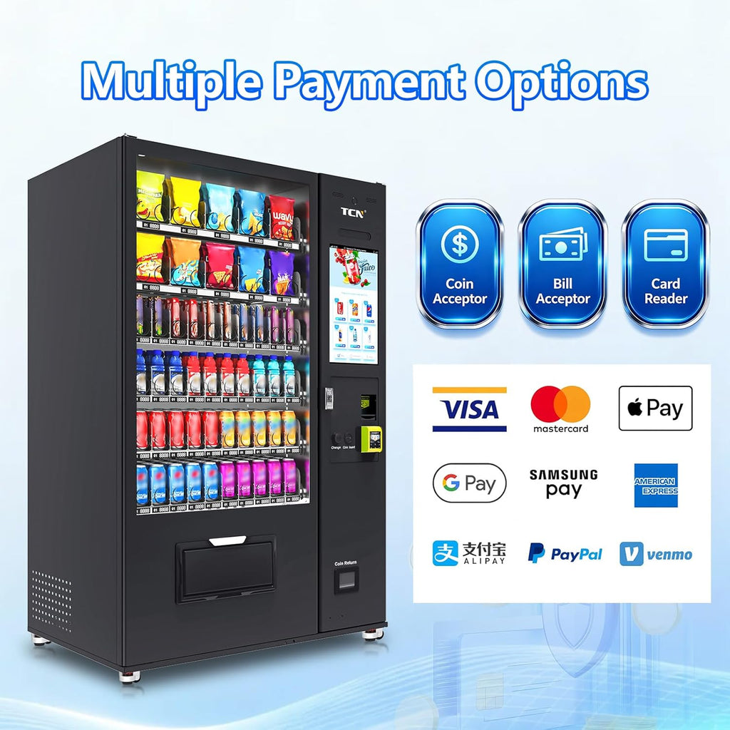 Touchscreen Vending Machines for Sale, 60 Slots Refrigerated Vending Machines for Business, Credit Card Reader, Bill & Coin Acceptor, Snack & Drink Combo with Remote Management System