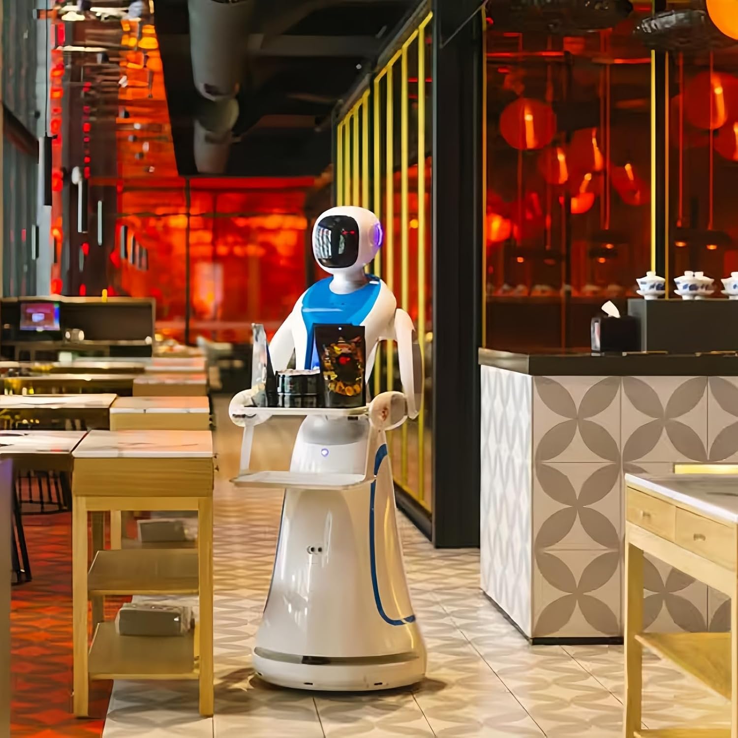 Restaurant Service Robot–Interactive Smart Waiter for Food & Drink Delivery, Autonomous Indoor Navigation, Automatic Obstacle Avoidance, Elevator Control, Self-Charging, Large Tray