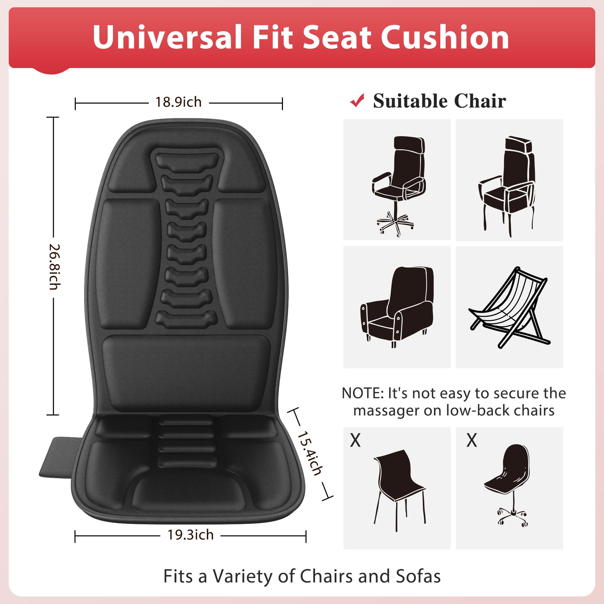 Vibration Massage Seat Cushion with Heat, Back Massager for Chair with 8 Vibration Motors, Heated Massage Cushion for Office Chair, Recliner & Sofa, Full Back & Seat Comfort, Idea Gift for Dad
