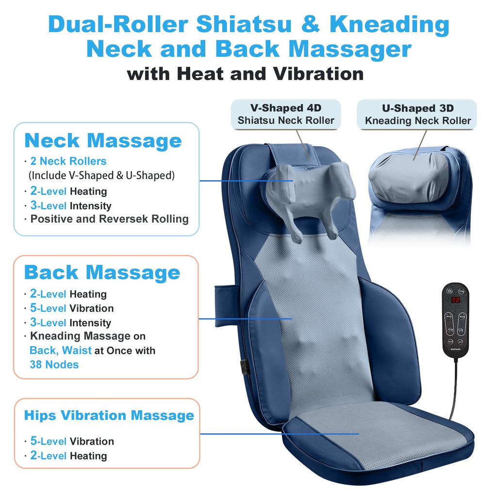Shiatsu Neck Back Massage Cushion with Heat - 4D Kneading Massager w/Vibration, Dual-Neck Design, Adjustable Intensity/Height, Ease Muscle Tightness from Long Sitting, for Office, Home, Blue