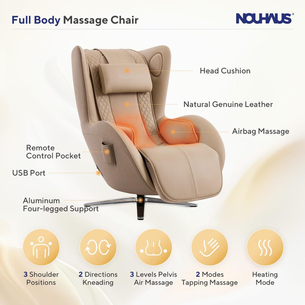 Nouhaus Aurora Massage Chair Full Body, Zero Gravity Genuine Leather Massage Chairs w/Airbags, Heating, Auto Modes, Bluetooth Speaker, Modern 4D Massage Chair Recliner for Living Room (Elder White)