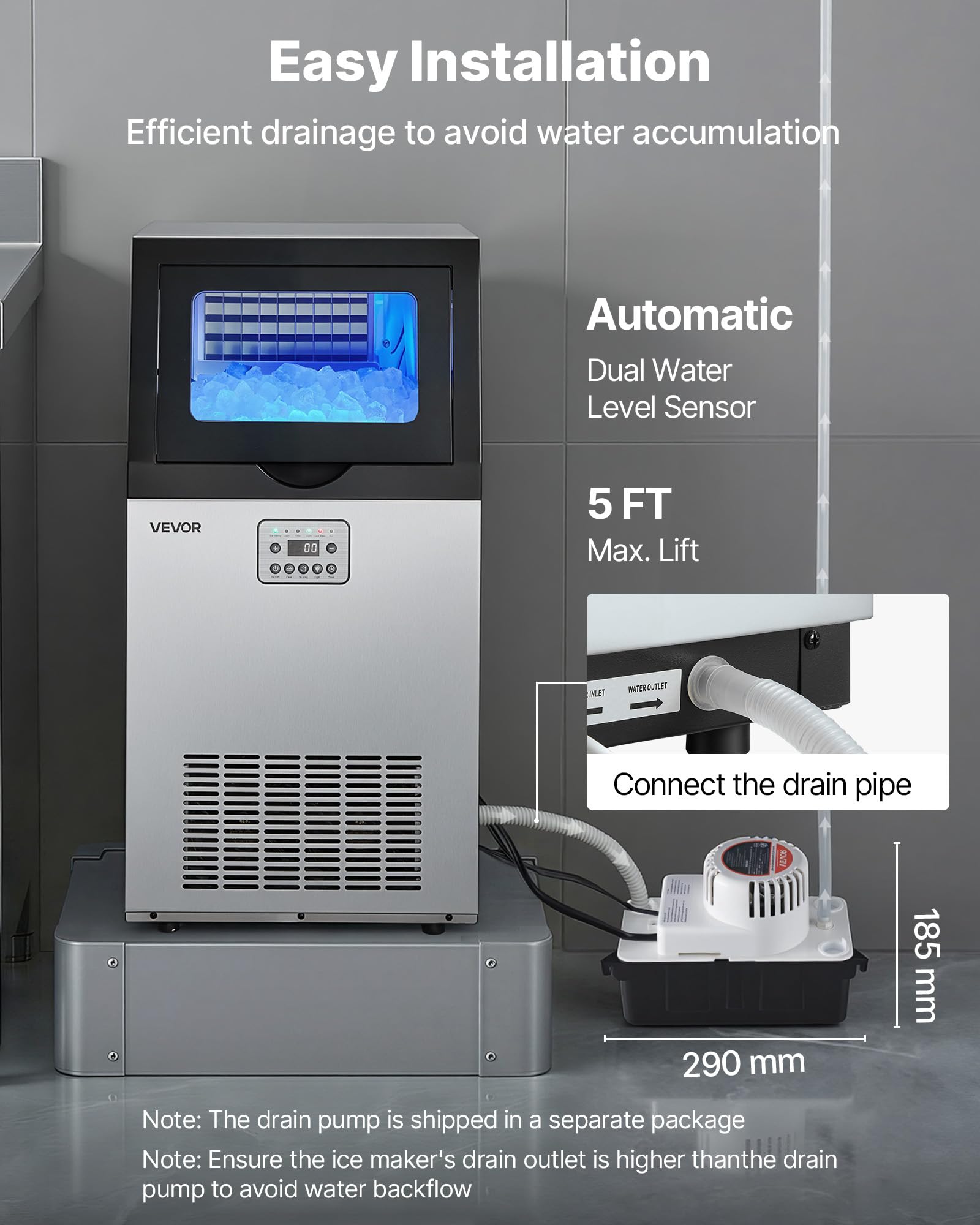 VEVOR Commercial Ice Maker Machine with Pump, 360 lbs/24h with 85 lbs Storage Capacity, Built-in/Freestanding/Under Counter, Stainless Steel Ice Maker with LED Display & Self-Cleaning, for Home Bar