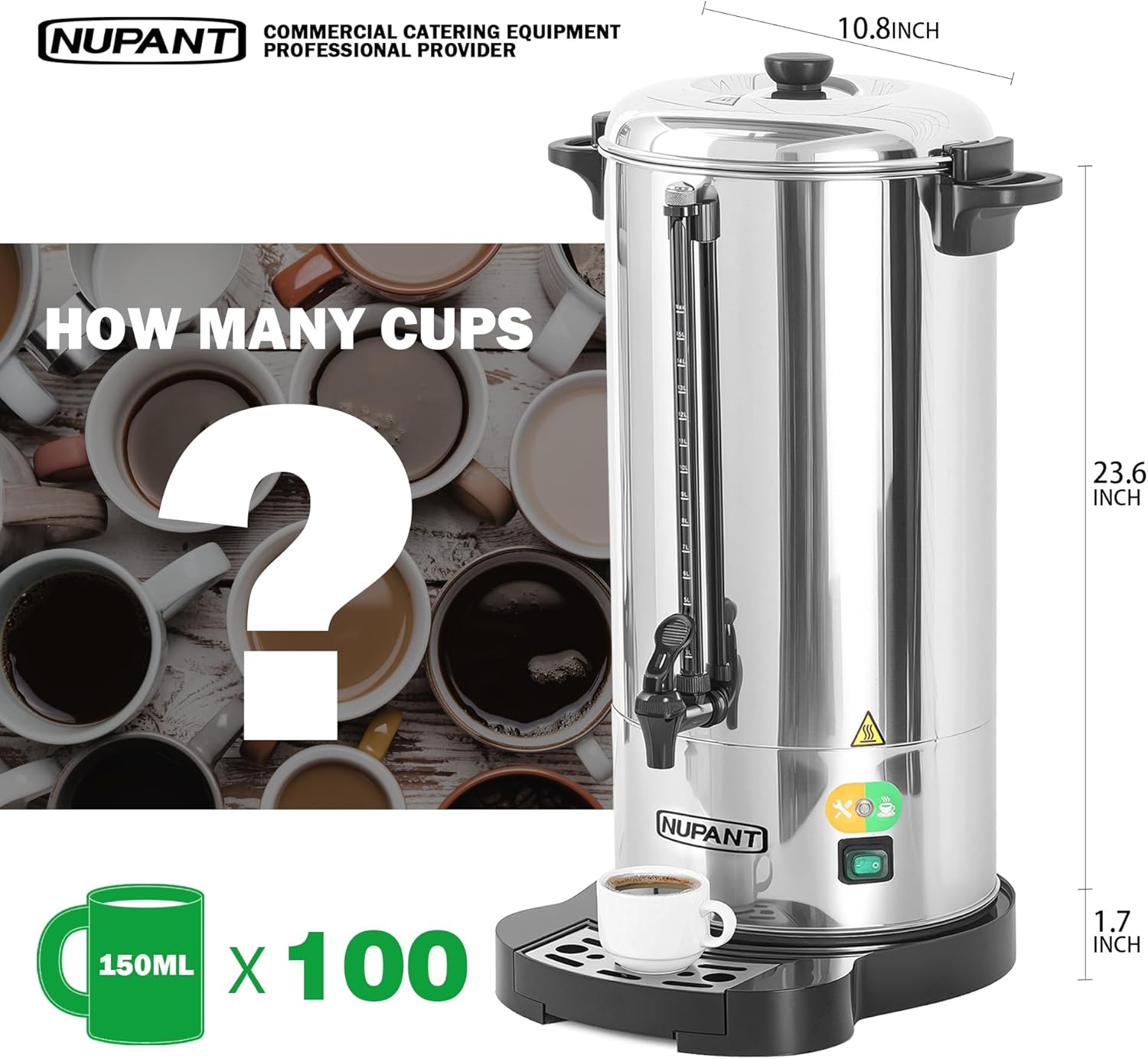 NUPANT Commercial Coffee Urn 100 Cup/15L Coffee Dispenser with Upgraded Percolator, 304 Stainless Steel Hot Water Urn Beverage Dispenser with Keep Warm Mode, Large Coffee Maker for Catering Party