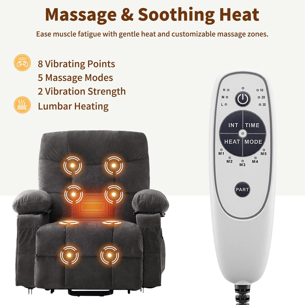 Power Lift Recliner Chair for Elderly with Massage and Heat, Comfortable Electric Power Reclining Chair with Side Pockets,2 Cup Holders and USB Charging Port for Living Room (Grey)