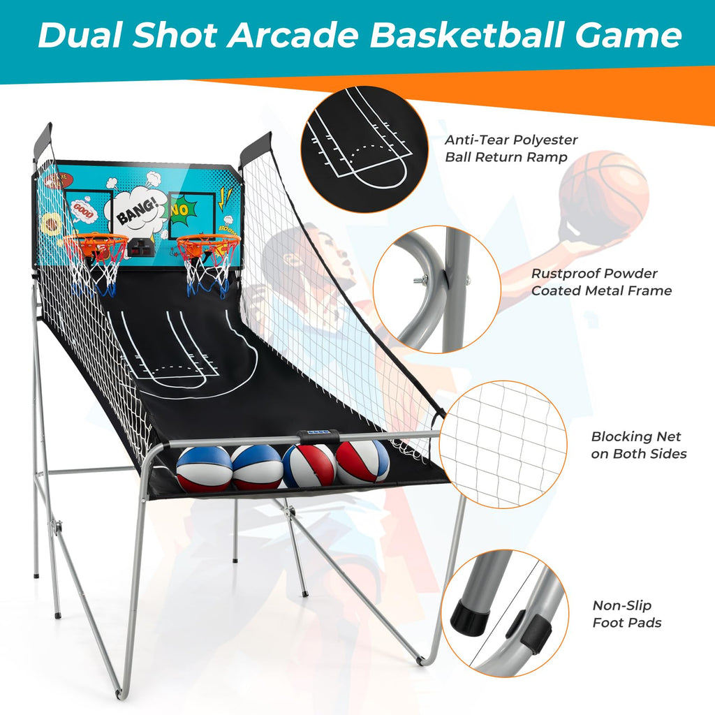 GYMAX Arcade Basketball Game Indoor Foldable with 8 Game Modes, Arcade Sound, 4 Balls and Inflation Pump, Electronic Basketball Games for Home