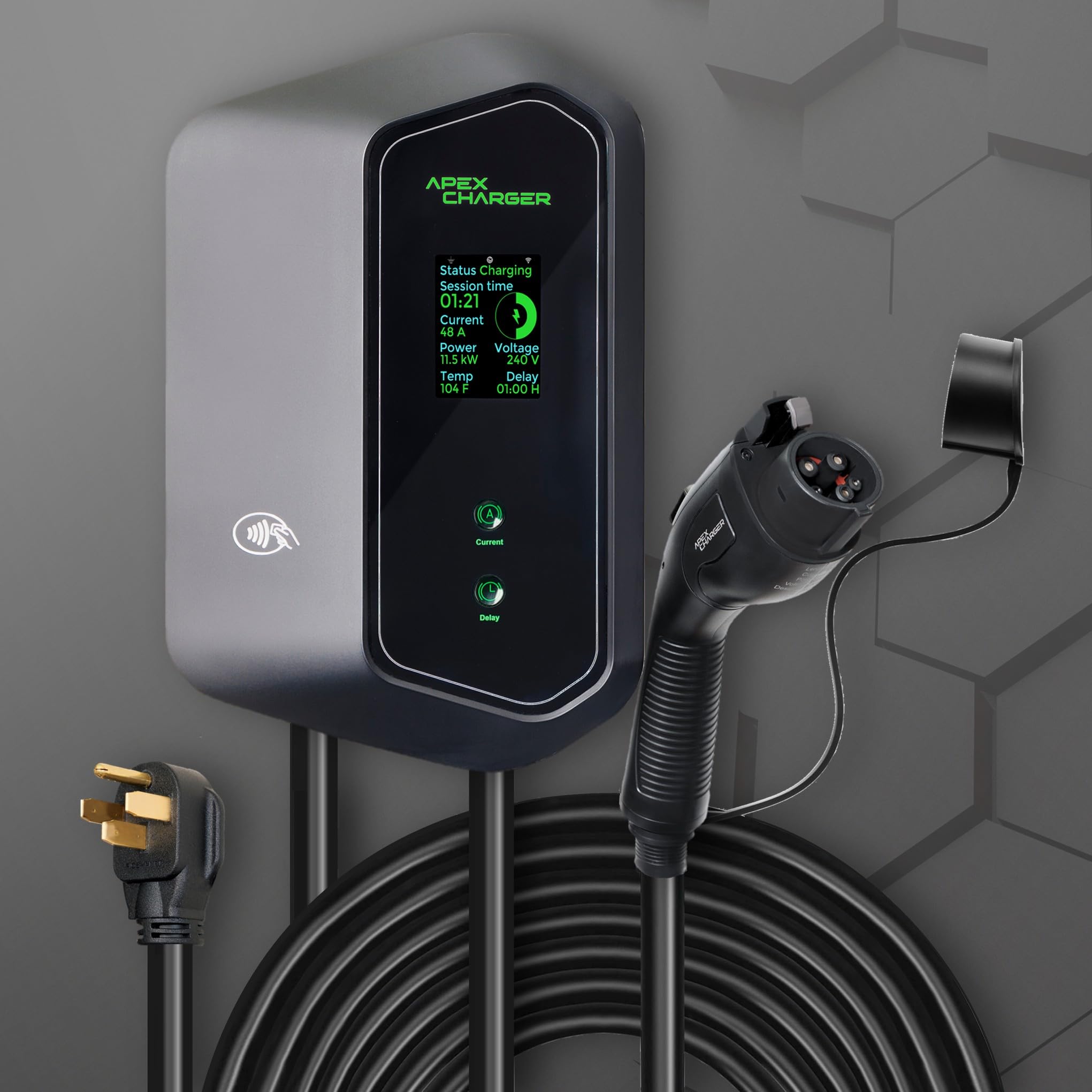 MACH 1: Fast 48 Amp Level 2 EV Charger, Wall-Mount Electric Vehicle Charging Station, 200-240V Hardwire or NEMA 14-50. J1772 car Connector & Tesla NACS, Indoor/Outdoor, 30ft Cable evse Adapter