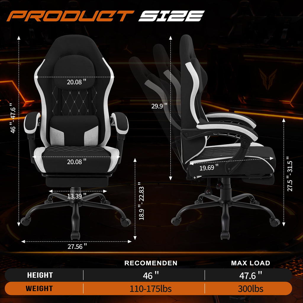 Shintenchi Big and Tall Gaming Chair Fabric Pocket Spring Cushion,High Back Recliner with Footrest and Headrest for Adults, Massage Lumbar Support for Home Office, Ergonomic Computer Desk Chair, Blue