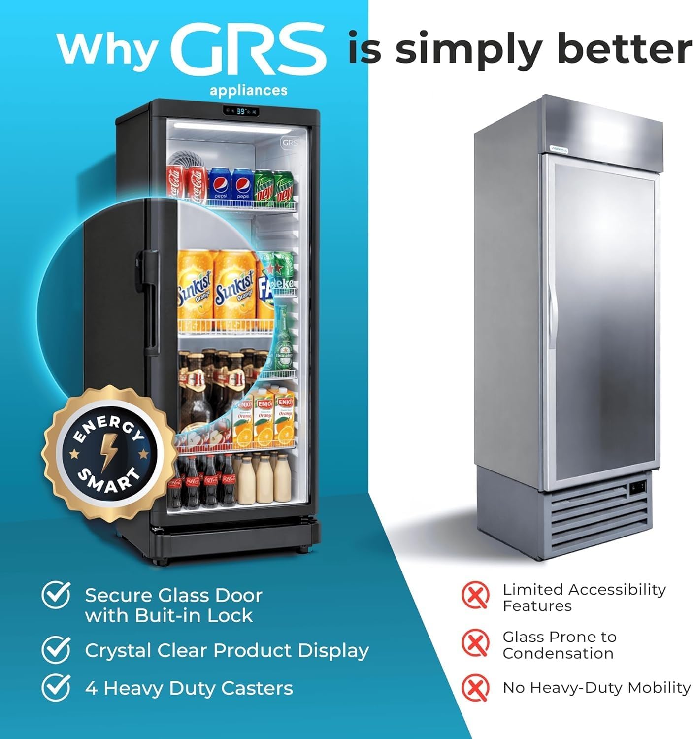 GRS Commercial Display Refrigerator with Glass Door Lock | Cool Air Flow & Temperature | Beverage fridge, Drink and Wine Cooler with Adjustable Display Shelf for Stores and Bars | Black, 7.1 Cu. Ft